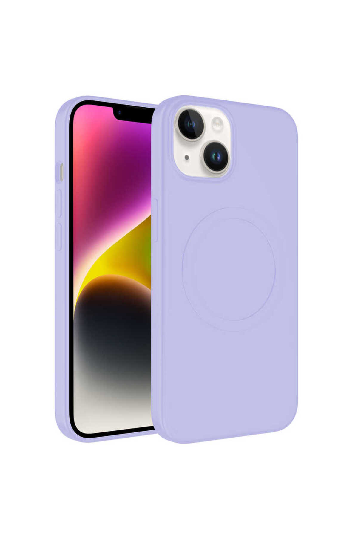 iPhone 13 Uyumlu Magsafe Wireless Şarj Özellikli Pastel Renk Silikon ASMA Plas Kılıf-Lila