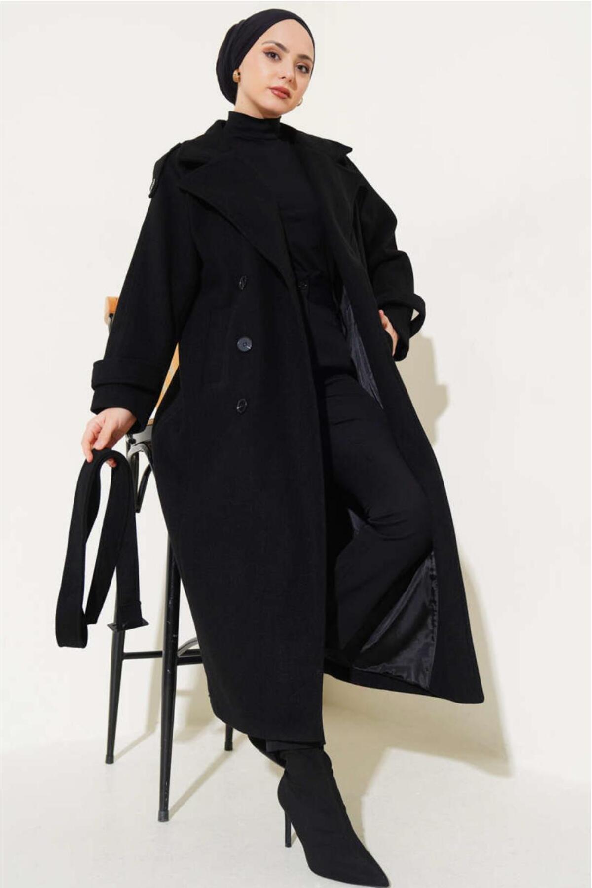 MODAM HİFA  Premium Kadın Siyah Kaşe Kaban Uzun Kışlık Kemerli Şık Palto Mont