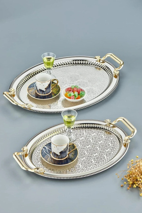 Ahinur Mutfak 2'li Oval Gümüş Model Lüx Paslanmaz Çelik Sunum Tepsisi