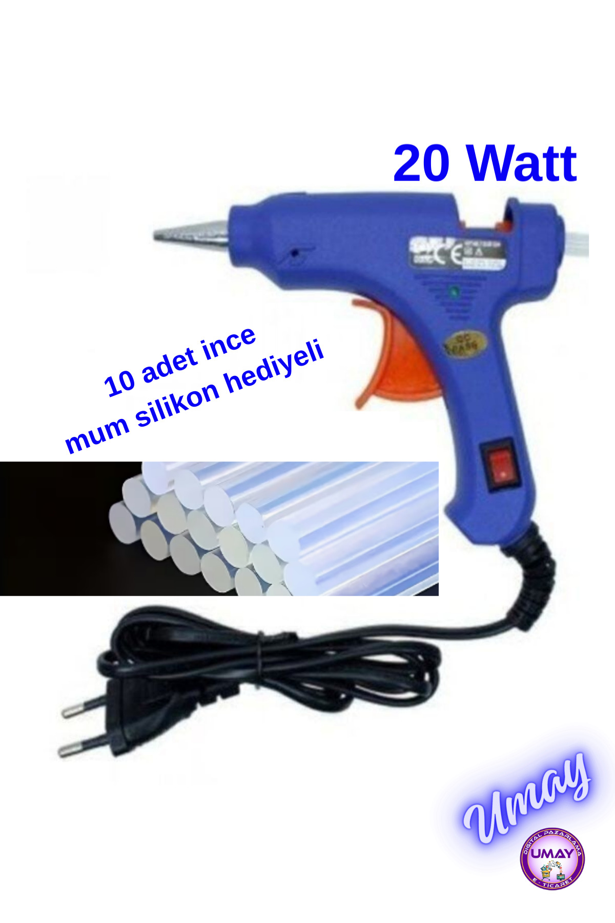 Winboss Anahtar Korumalı 20W Sıcak Silikon Tabancası + 10 Adet 7mm İnce Mum Silikon 15 cm Hediyeli