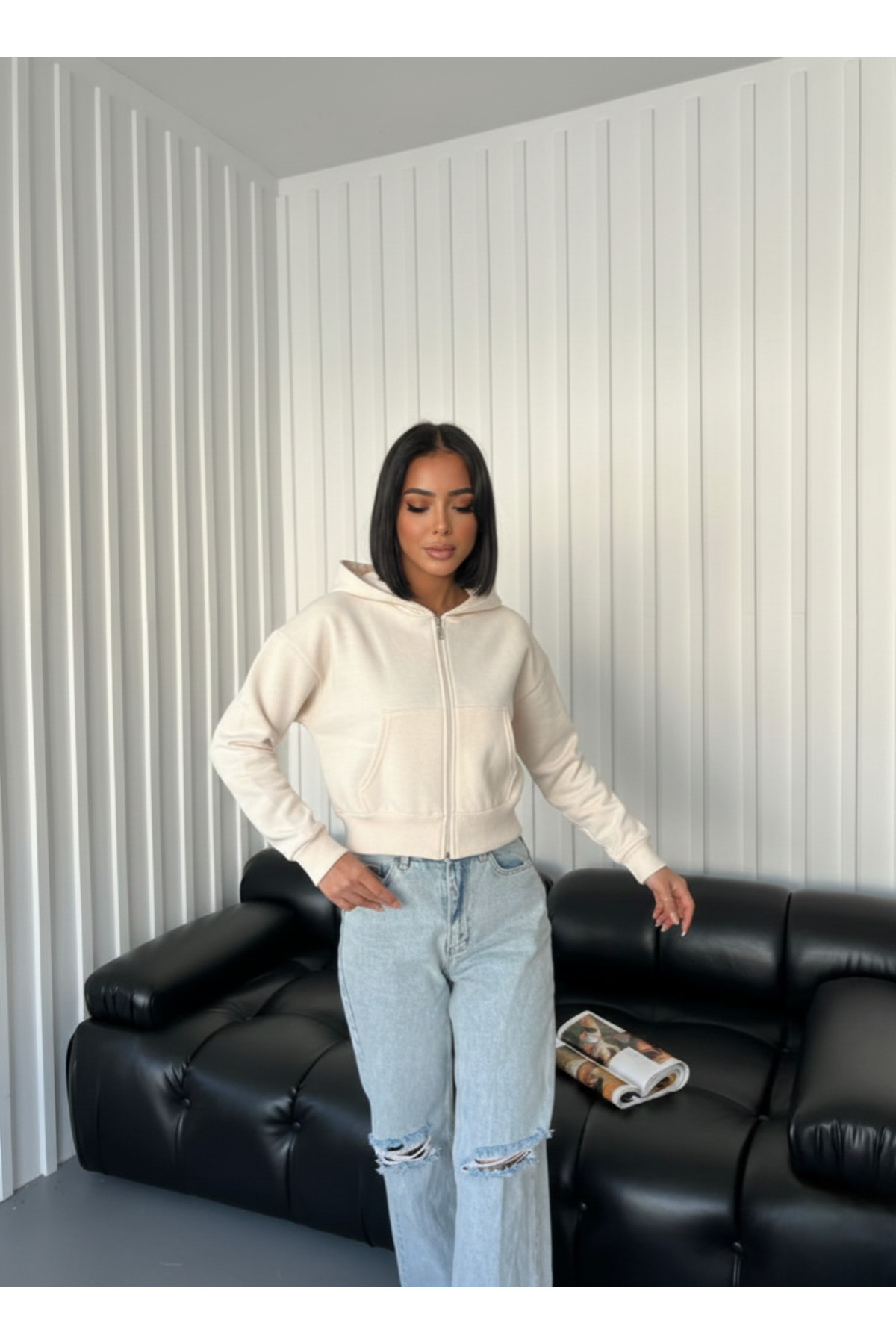 SmallTouch  Kapüşonlu Fermuarlı Ekru Crop Hırka - Görsel 4