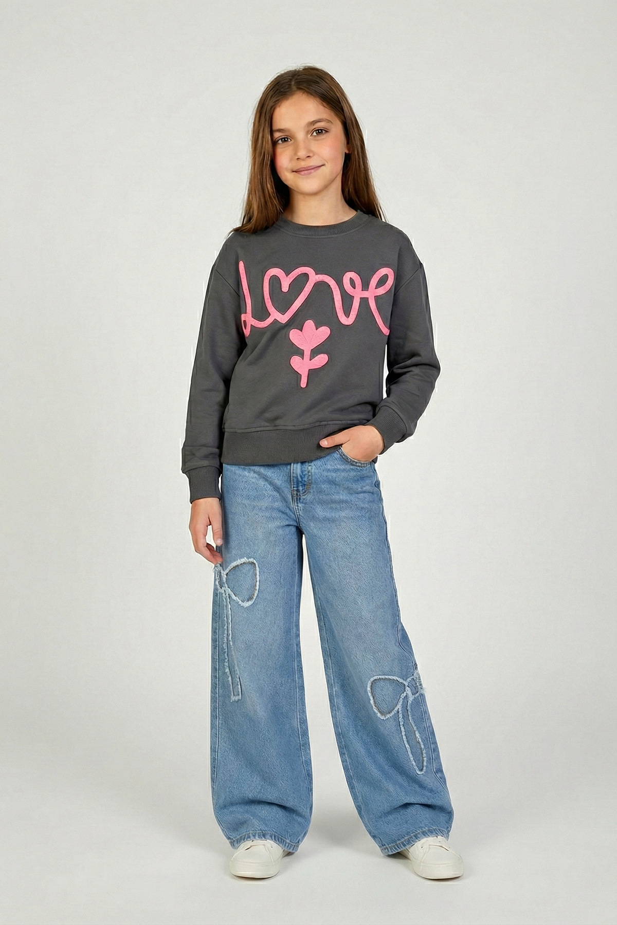 Ribbon Bow Embroidered Girl Jeans Soft Textured Wide Leg Wide Leg Jean