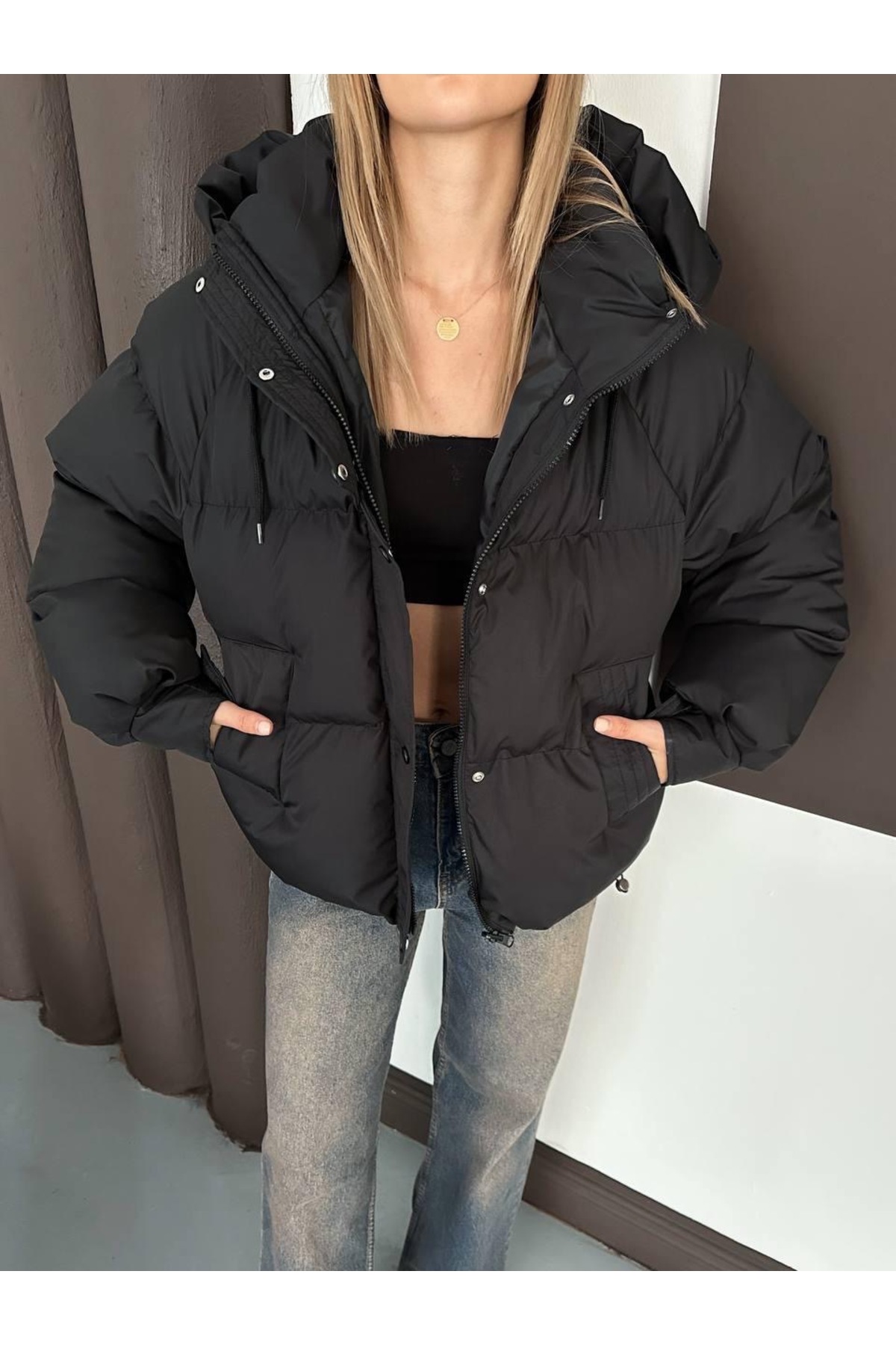 Ekim Store  Kapüşonlu Cepli Şişme Mont - Görsel 2