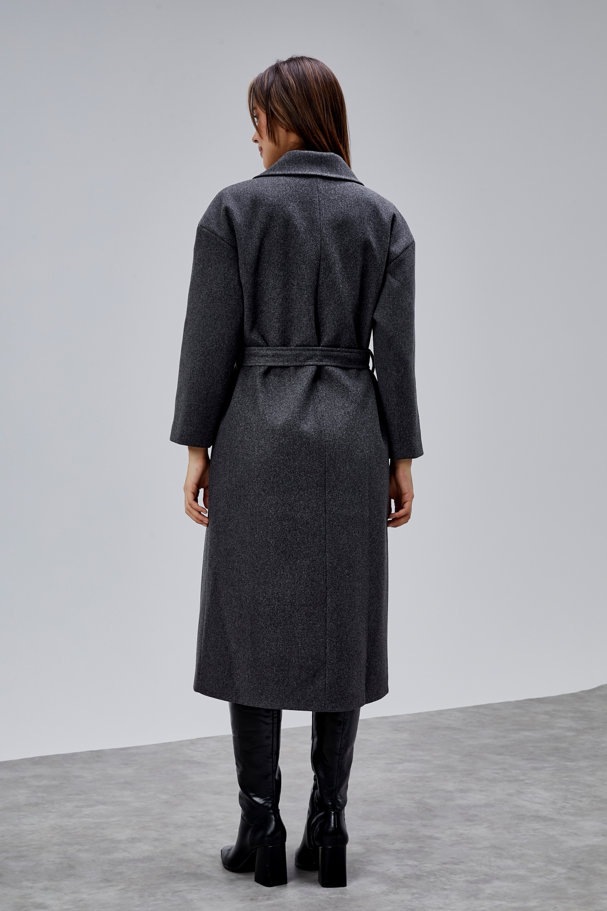 Bolivente  Antrasit Kruvaze Kapama Belden Bağlamalı Geniş Kalıp Kaşe Kaban - Görsel 6