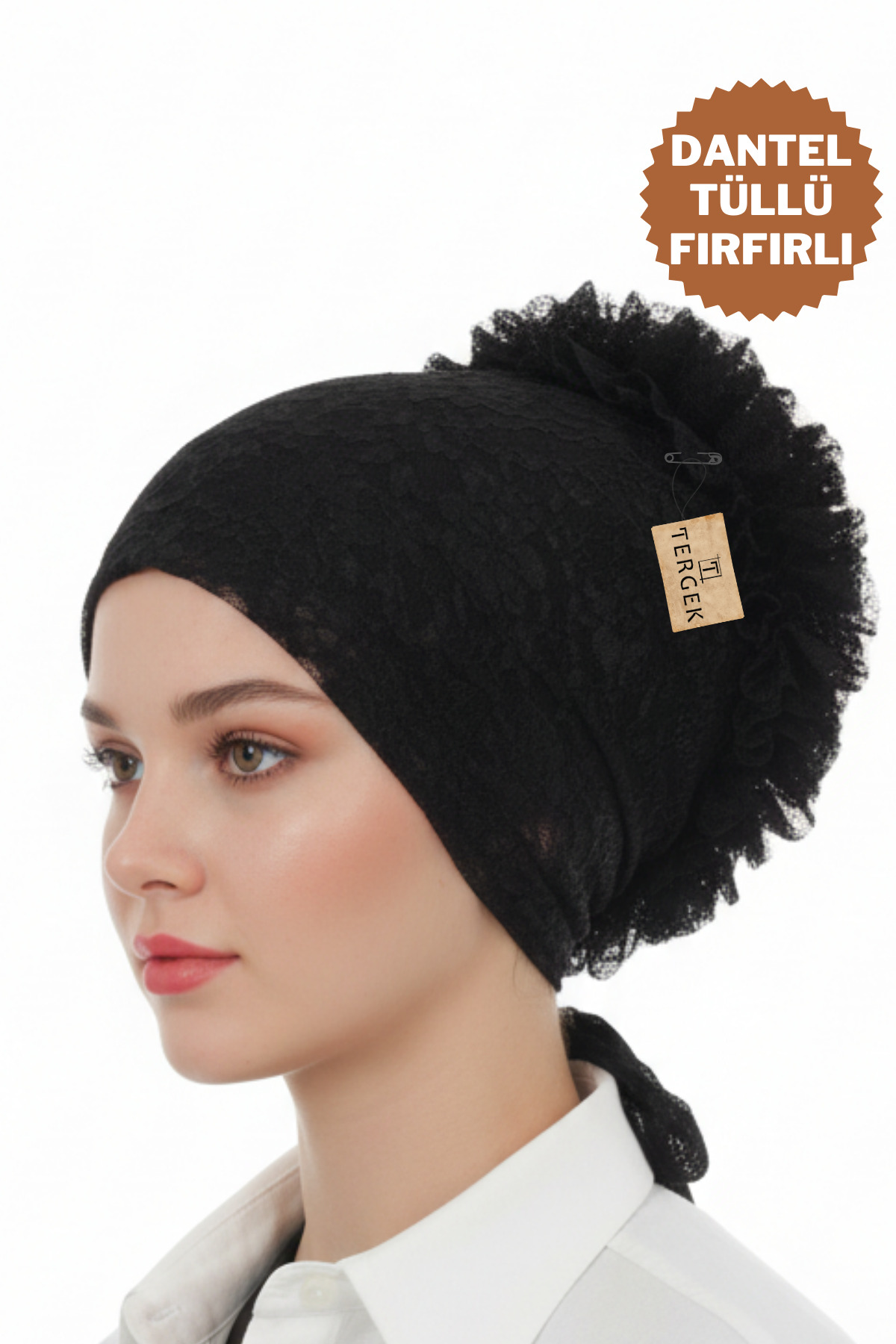 Lace Tulle Ruffled Back Bun Bonnet BLACK, Women's Hijab Turban