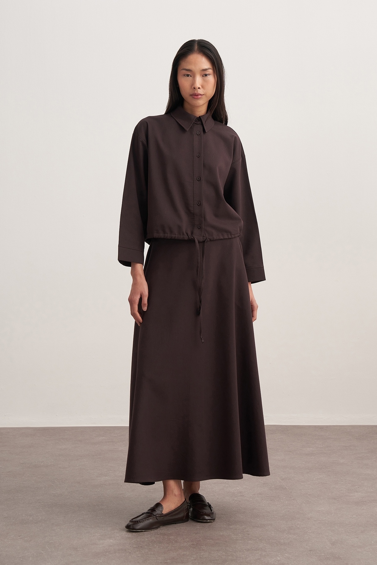 ebu prive  Kadın Gabardin Kemerli Kloş Etek Kahve - Görsel 5