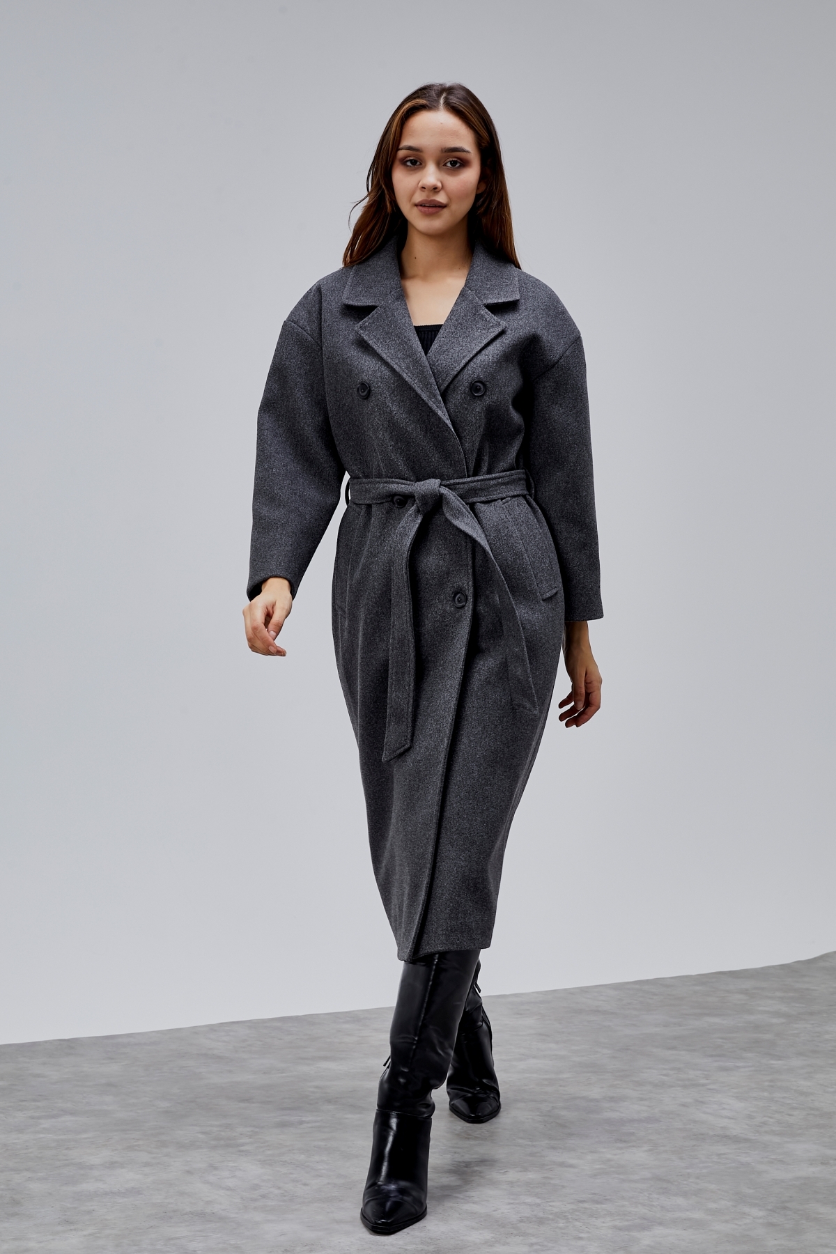 Bolivente  Antrasit Kruvaze Kapama Belden Bağlamalı Geniş Kalıp Kaşe Kaban - Görsel 2