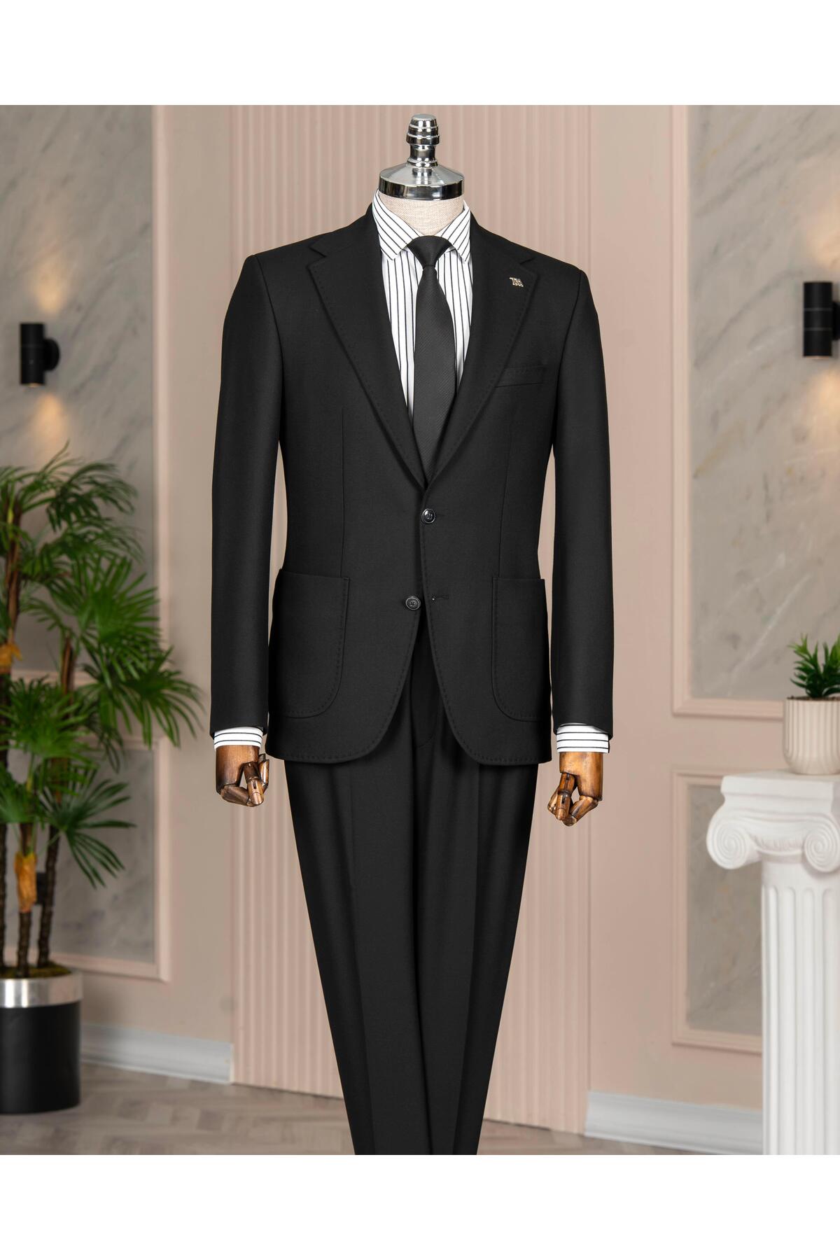 TerziAdemAltun Italian Style S Slim Fit Peaked Lapel Jacket Pants Suit Black T14913