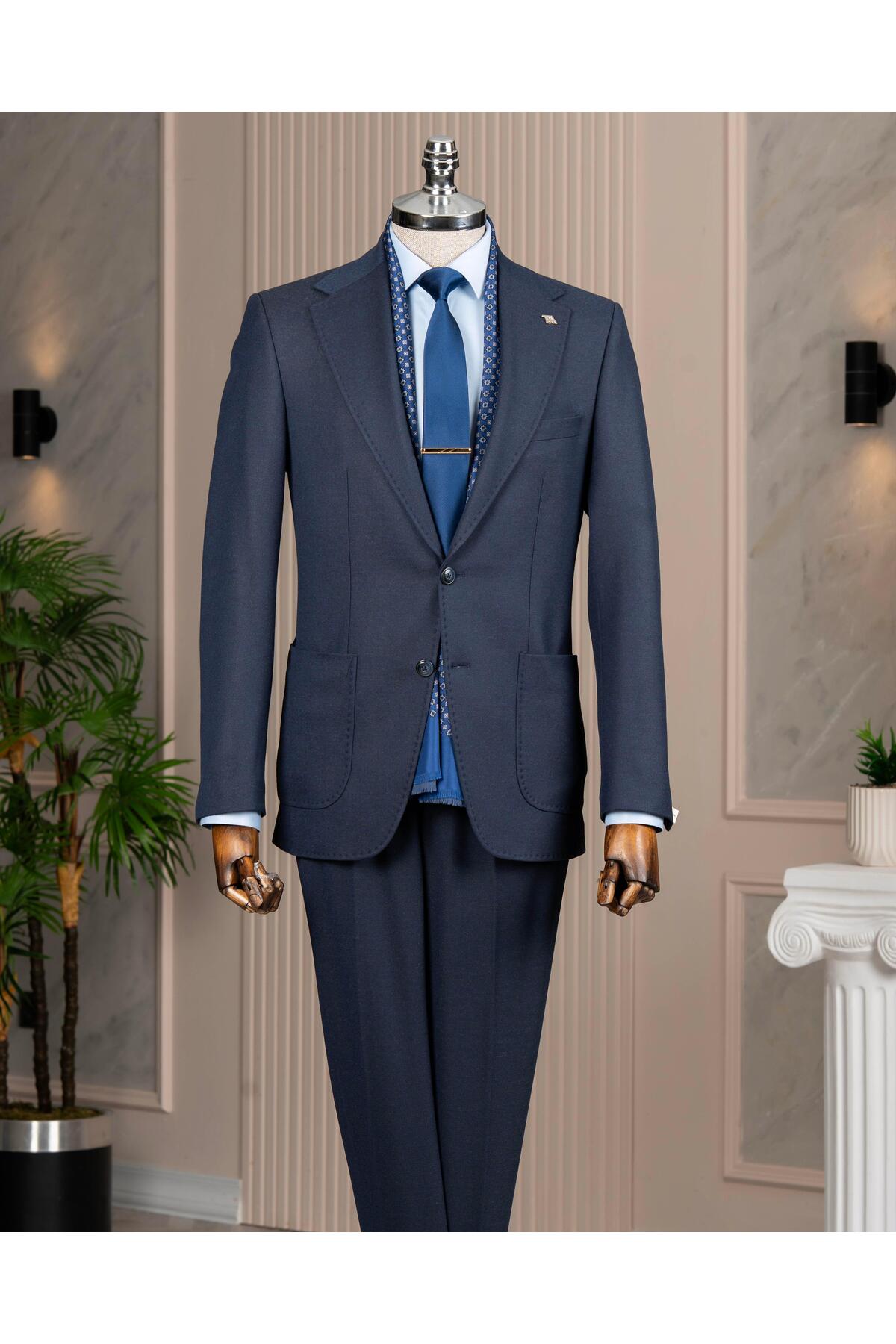 TerziAdemAltun Italian Style S Slim Fit Peaked Lapel Jacket Pants Suit Navy Blue T14909