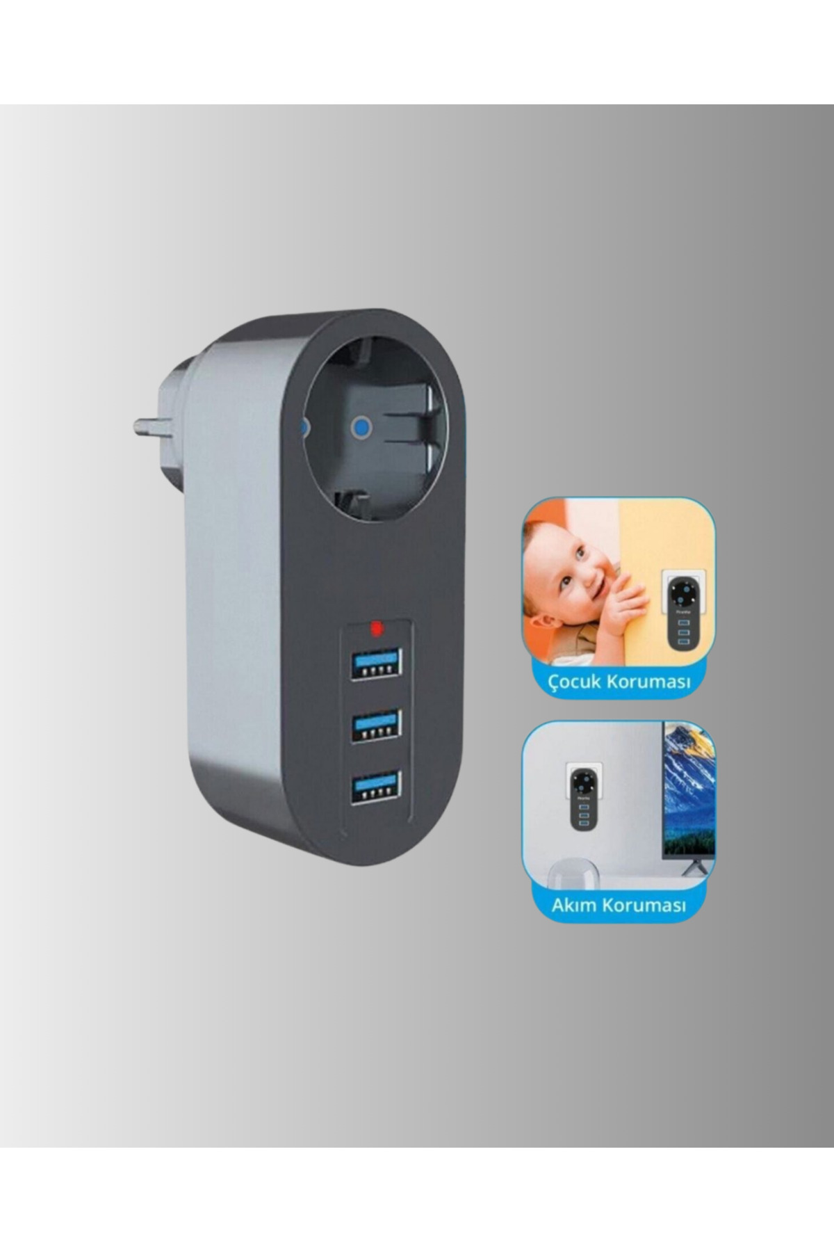 UCUZTEKNO Çocuk Korumalı Termal Priz – 3'lü USB Şarj ve Akım Koruması fotoğrafı 2 (önizleme)