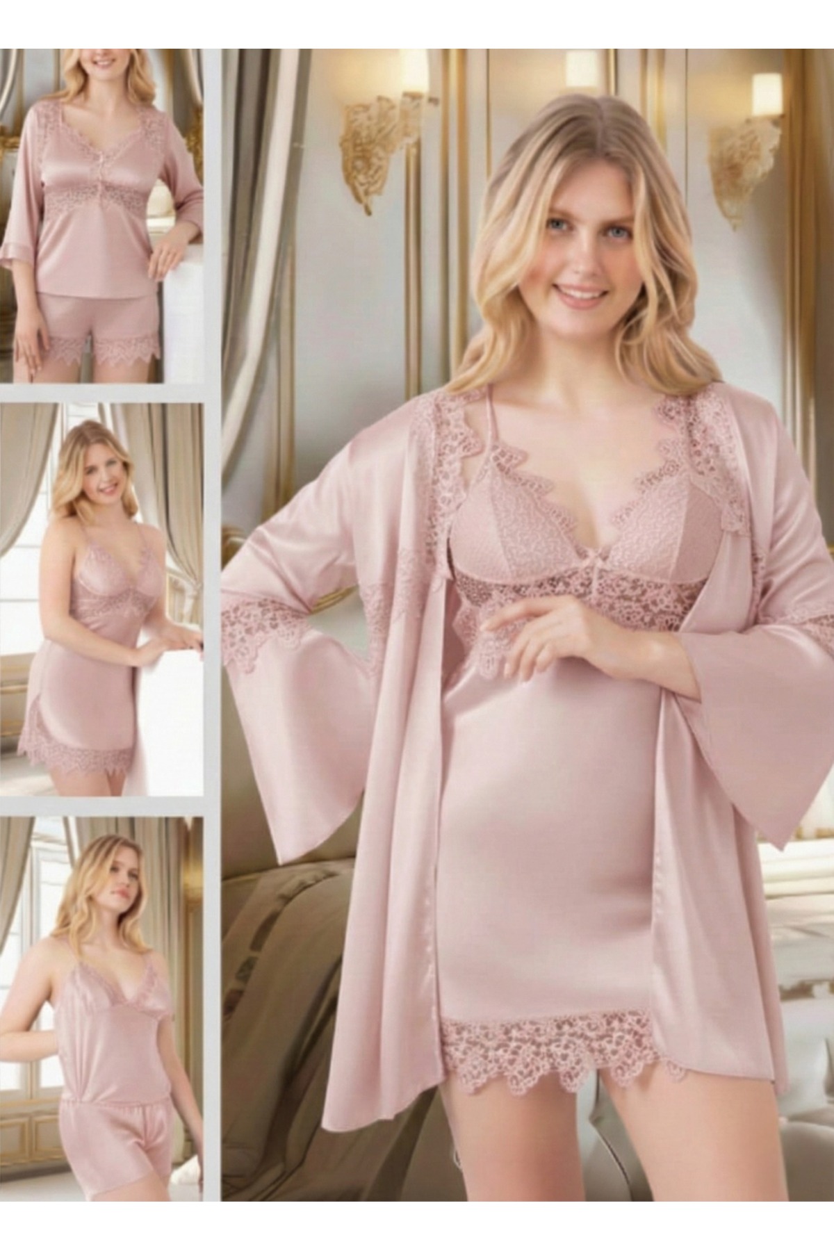 MİSS AYZA İÇTEN GELEN ŞIKLIK PİERRE PARİS İPEK SATEN 6'LI KISA GECELİK ve SABAHLIK ÇEYİZ SETİ