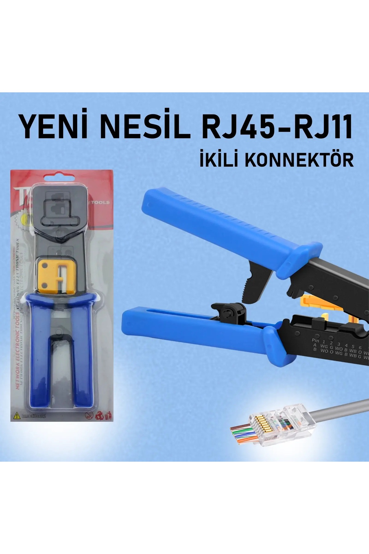 Yeni Nesil RJ45 - RJ11 İkili Konnektör - Cat5 Cat6 Ağ Network Telefon Kablosu Sıkma Pensesi