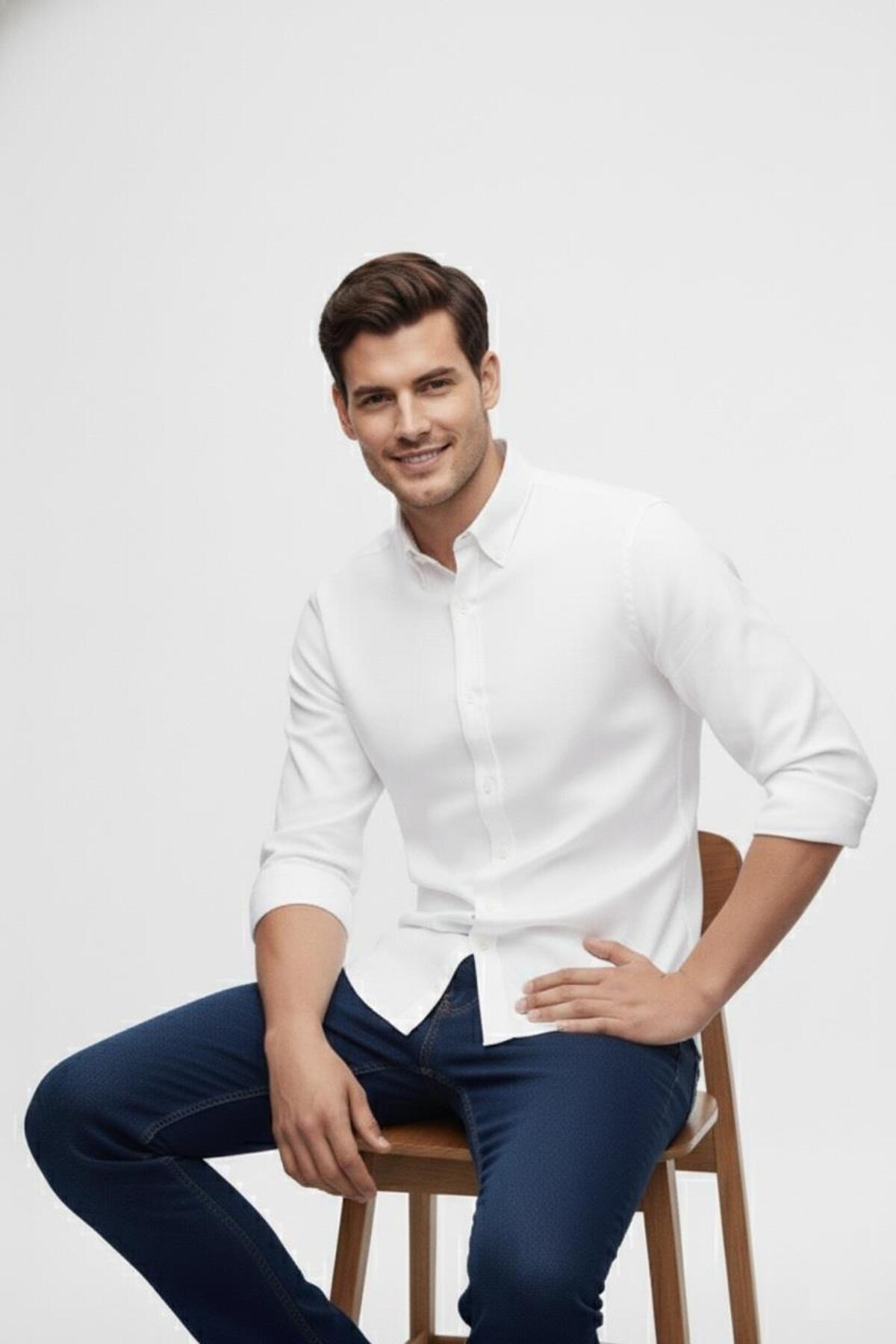 Efor  Slim Fit %100 Pamuk Düğmeli Yaka Oxford Beyaz Gömlek GK 2026 - Görsel 5