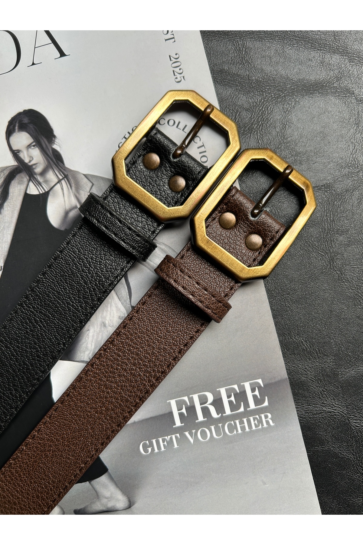 2pcs Liaison Rectangle Pattern Women Antique Gold Buckle Belt Jacket Belt Dress Belt Pants Belt