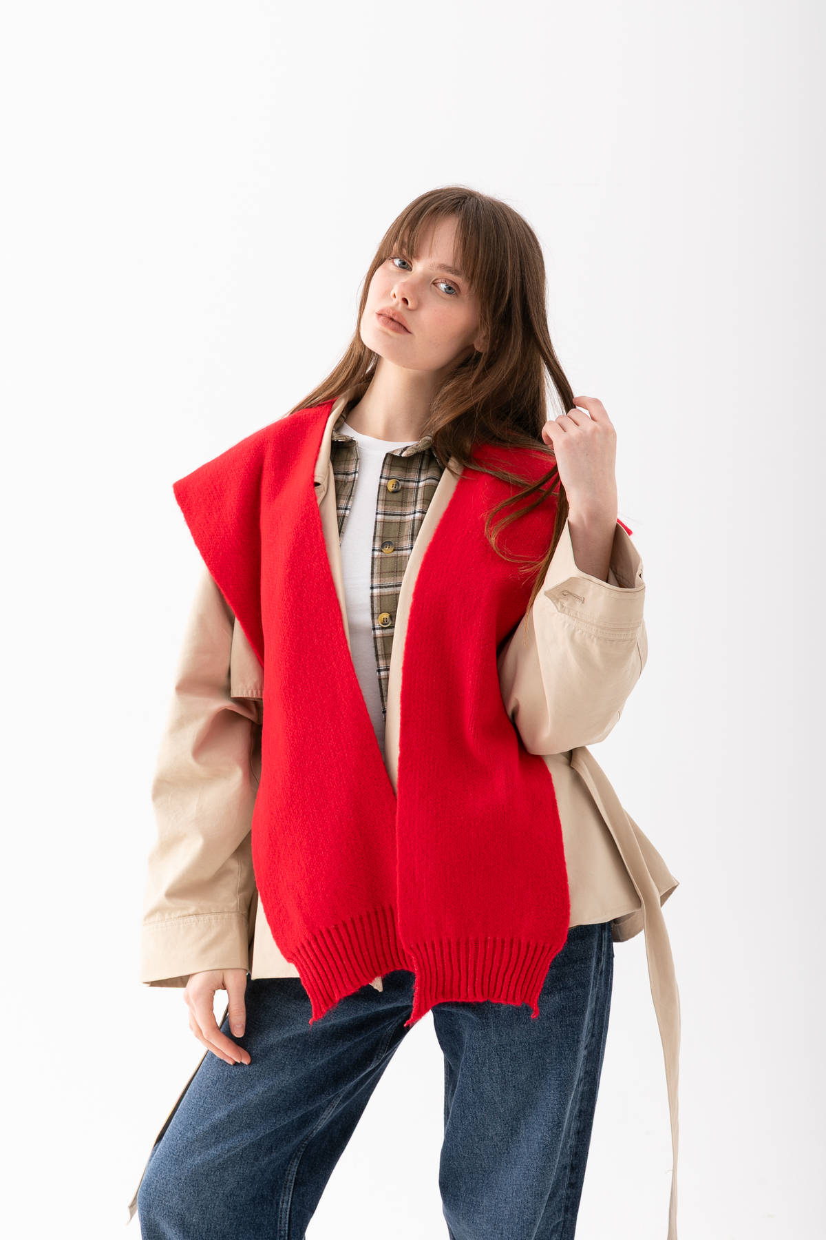 Loov  Kare Yaka Bağlamalı Triko Atkı - Kare Parçalı Atkı - Triko Omuz Atkısı Ofis Günlük Moda Atkı - Görsel 4