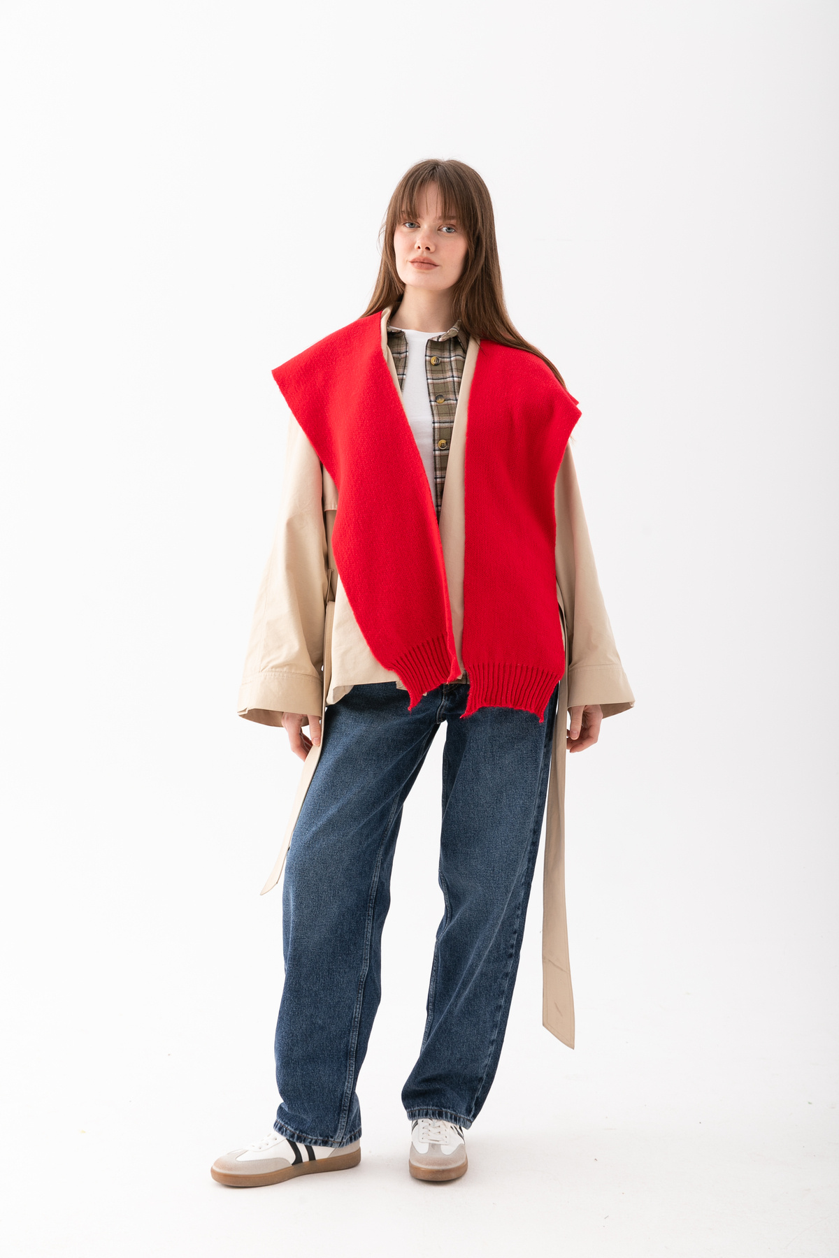 Loov  Kare Yaka Bağlamalı Triko Atkı - Kare Parçalı Atkı - Triko Omuz Atkısı Ofis Günlük Moda Atkı - Görsel 5