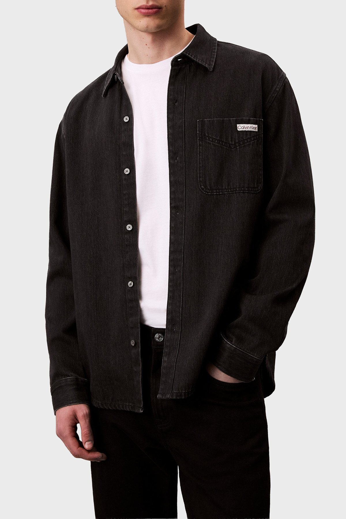 کلوین کلاین پیراهن مردانه آستین بلند یقه گرد مشکی کژوال LV04RD765G-57L