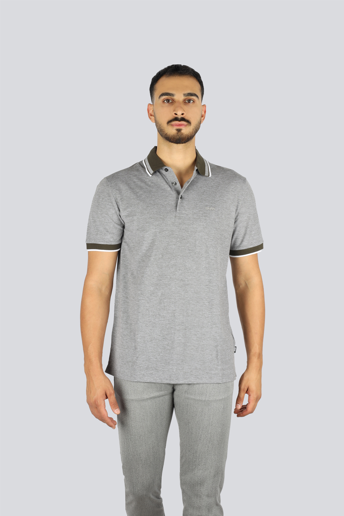 باس تی‌شرت یقه‌دار مردانه نخی یقه‌دار، دکمه‌دار، آستین کوتاه، خاکستری، کد ۵۰۵۲۱۱۱۶-۳۴۲