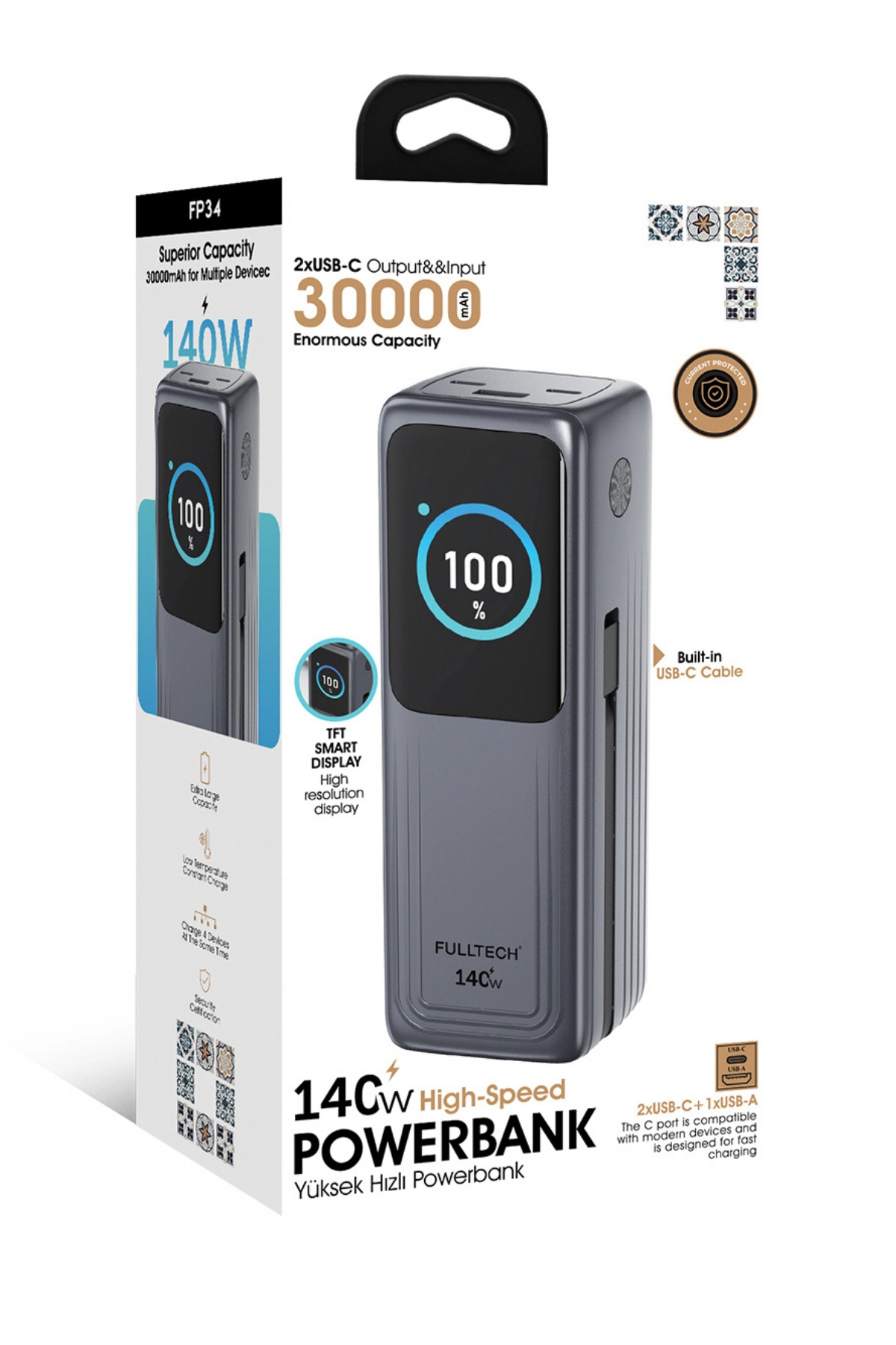 Blackbird Game Center Fulltech FP34 140W Süper Hızlı Powerbank | 30000mAh Yüksek Kapasiteli | PD & QC 3.0 Destekli Akıllı