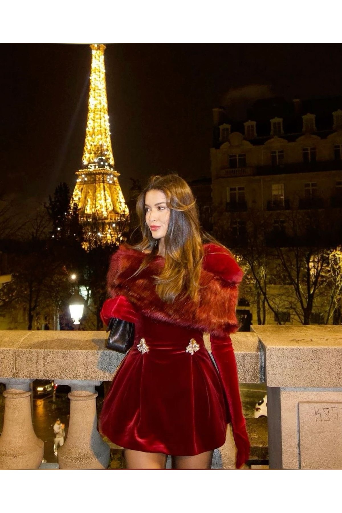 sopinksovamp Bordo Kadife Kürklü Yılbaşı Gece Elbise