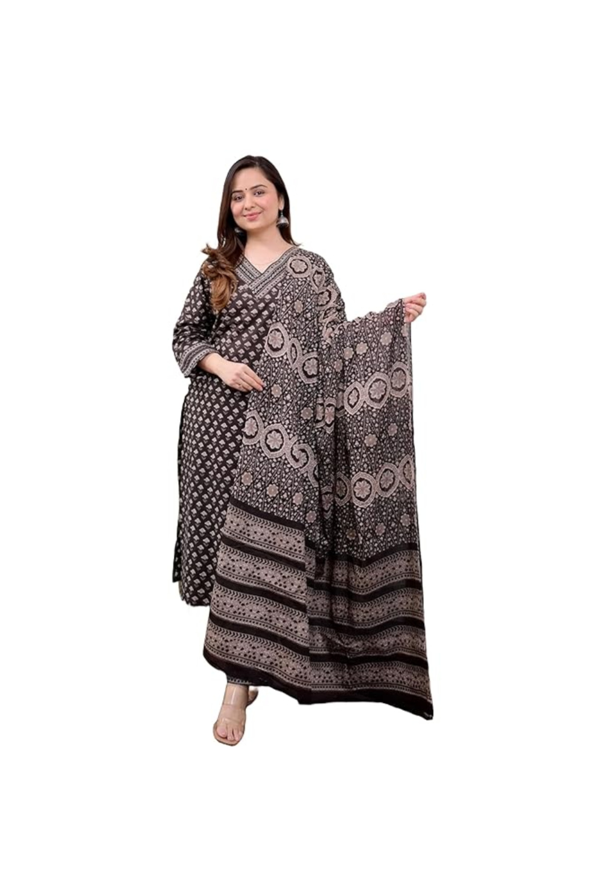 MYSMAR Brown Viscose Cotton Top & Pant With Dupatta – ALV1216 | Brown-Size:S-36-Inches