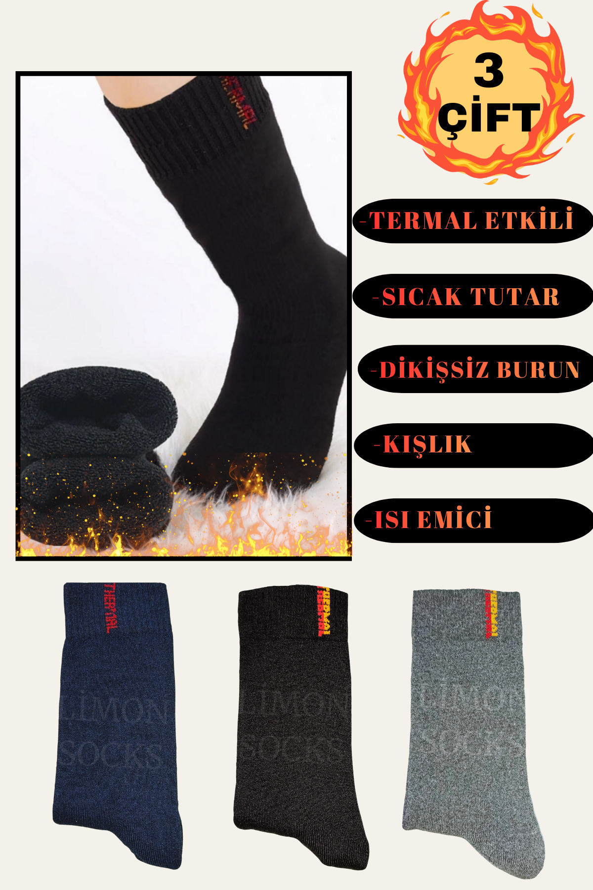 Erkek Kışlık Çorap Pamuklu Extra Kalın ve Sıcak Isı Emici Havlu Çorap Seti (3 Çift) — görsel 6