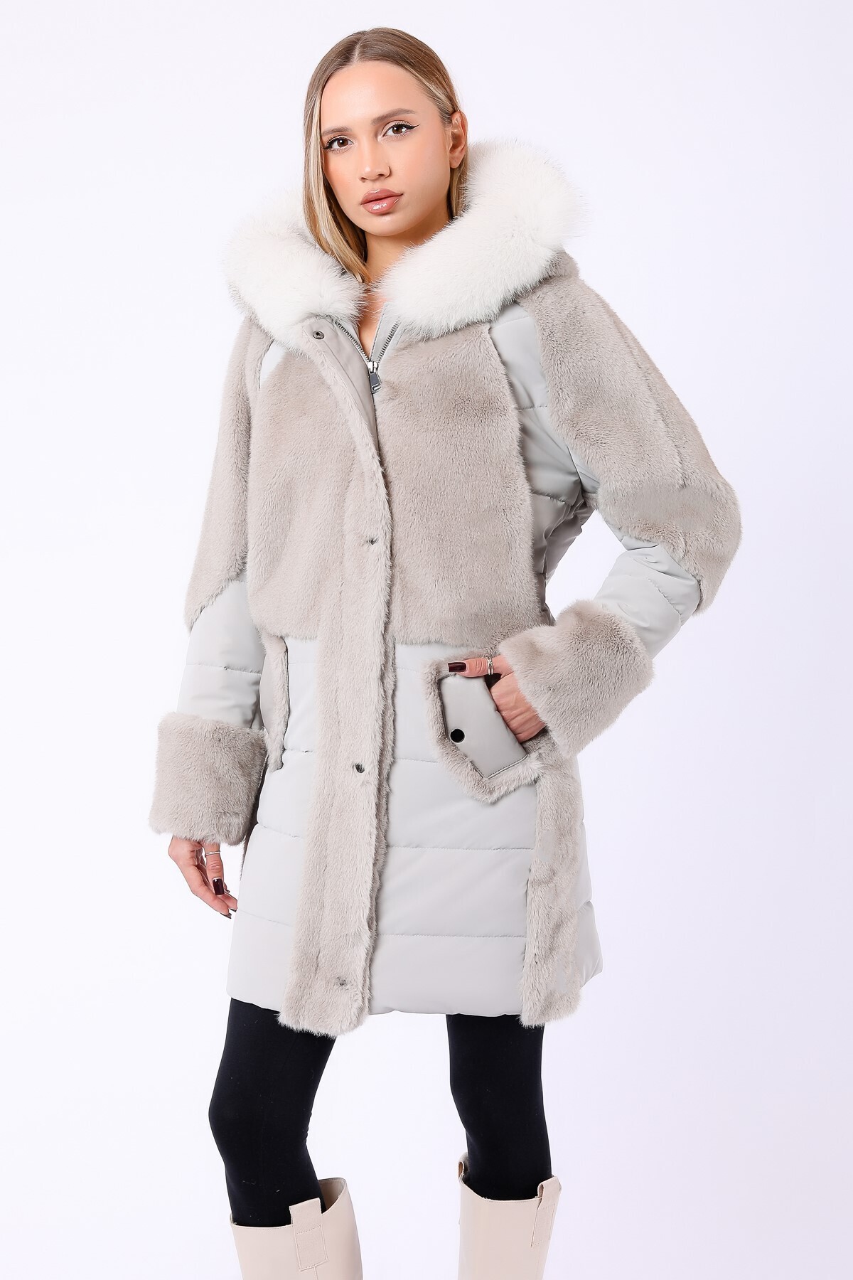 Leather Club  Bej Fox Aksesuarlı Hakiki Kuzu Derisi Garnili Yün Puffer Kaban - Görsel 2