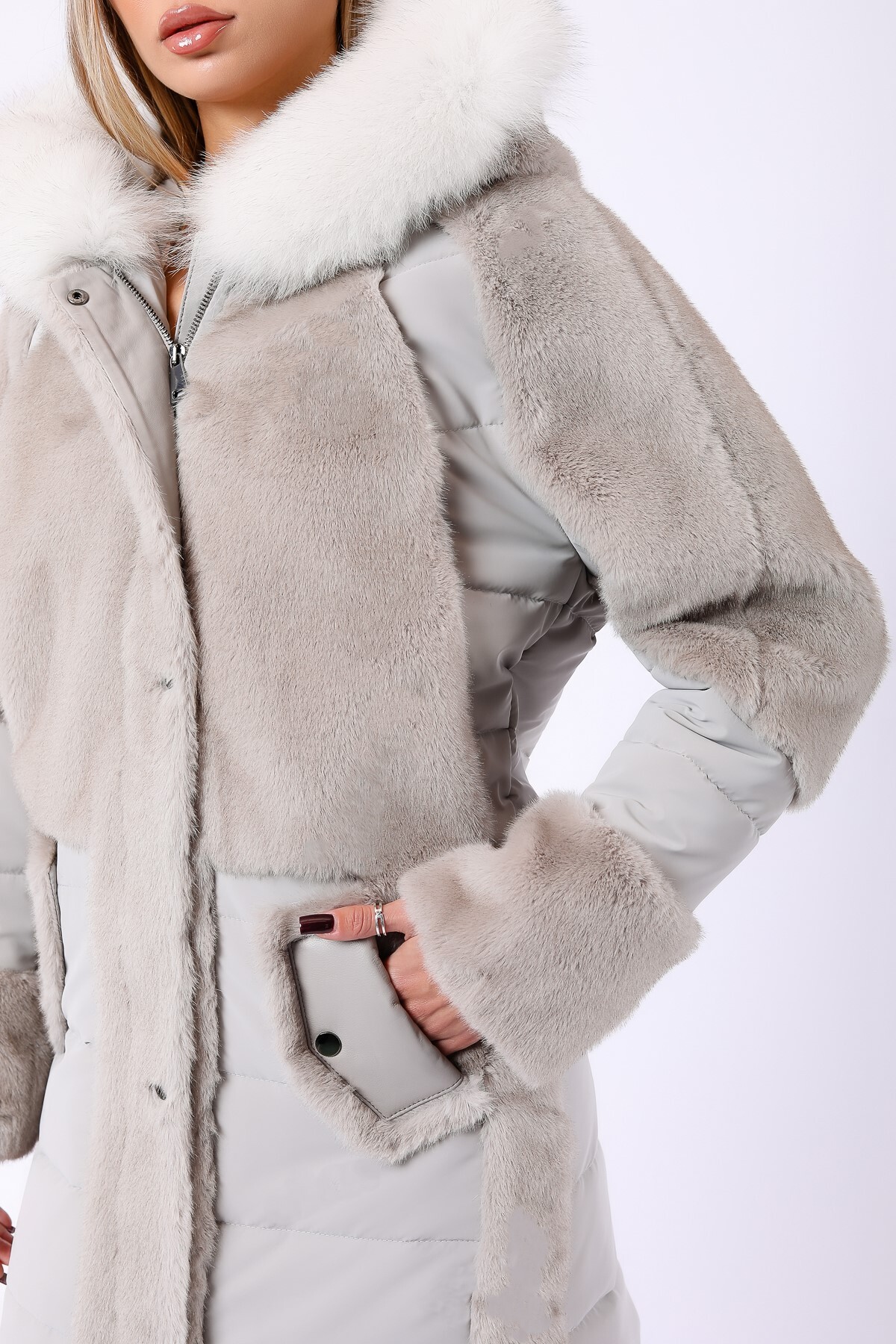 Leather Club  Bej Fox Aksesuarlı Hakiki Kuzu Derisi Garnili Yün Puffer Kaban - Görsel 6