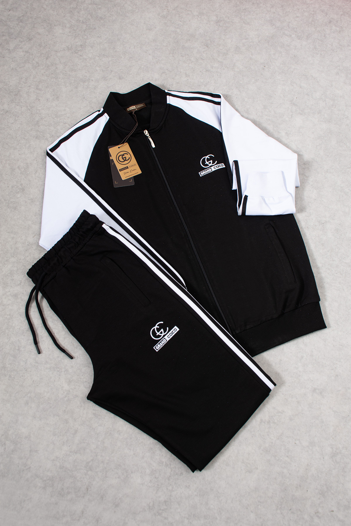 grand coco  Erkek 2 İplik Penye Kumaş Paça Geniş Siyah Beyaz Eşofman Takımı