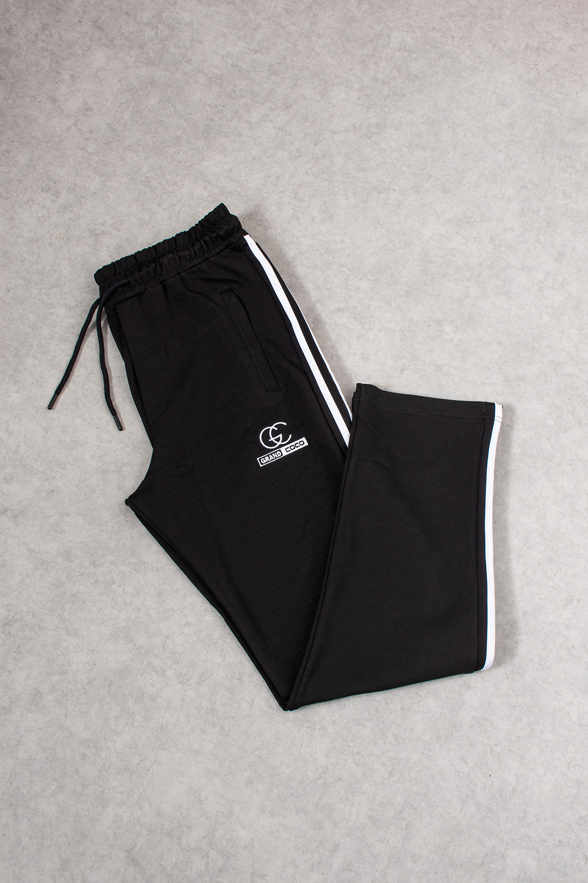 grand coco  Erkek 2 İplik Penye Kumaş Paça Geniş Siyah Beyaz Eşofman Takımı - Görsel 4