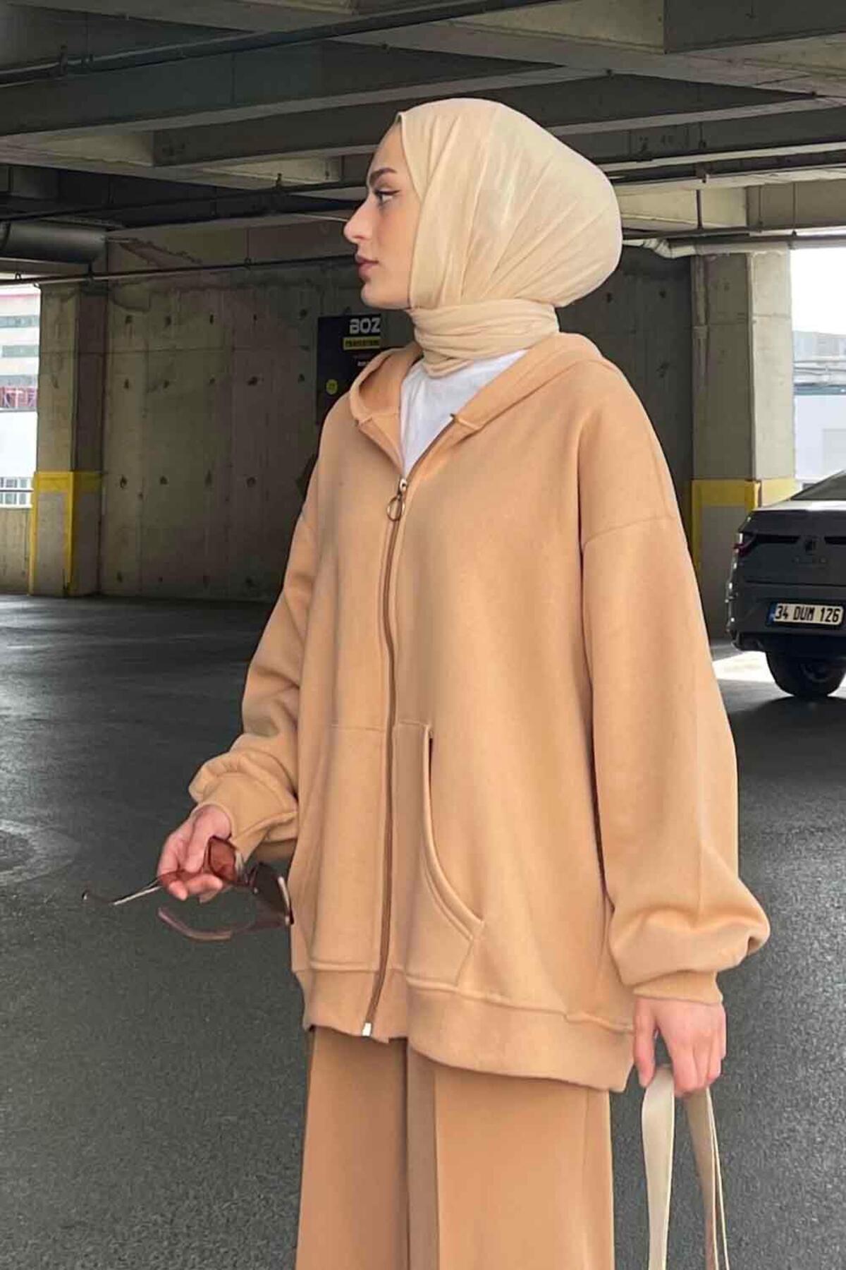 lamelif Kapüşonlu Oversize Yan Cepli Sweat Sütlü Kahve görsel 4
