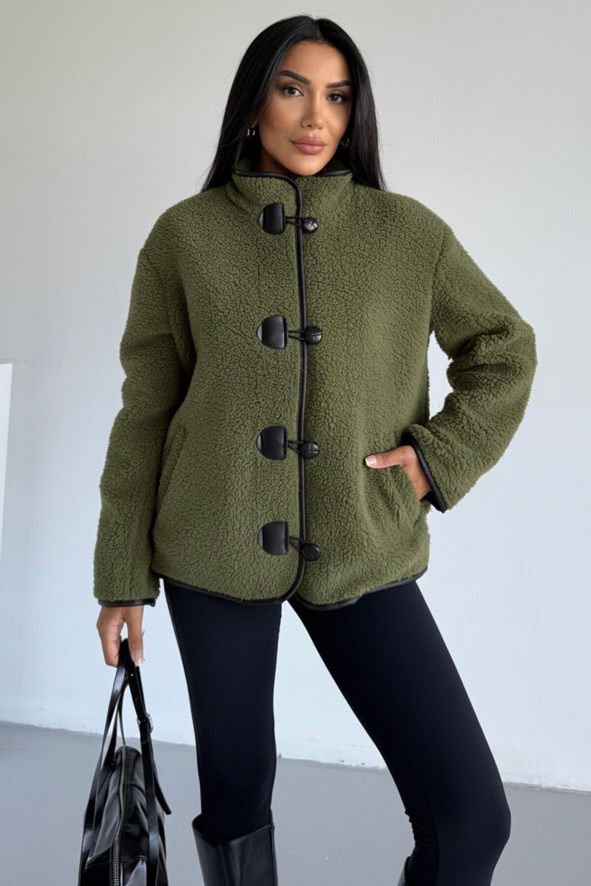 hiramir  Peluş Deri Biyeli Çoban Düğmeli Mont KS2504 - Görsel 3