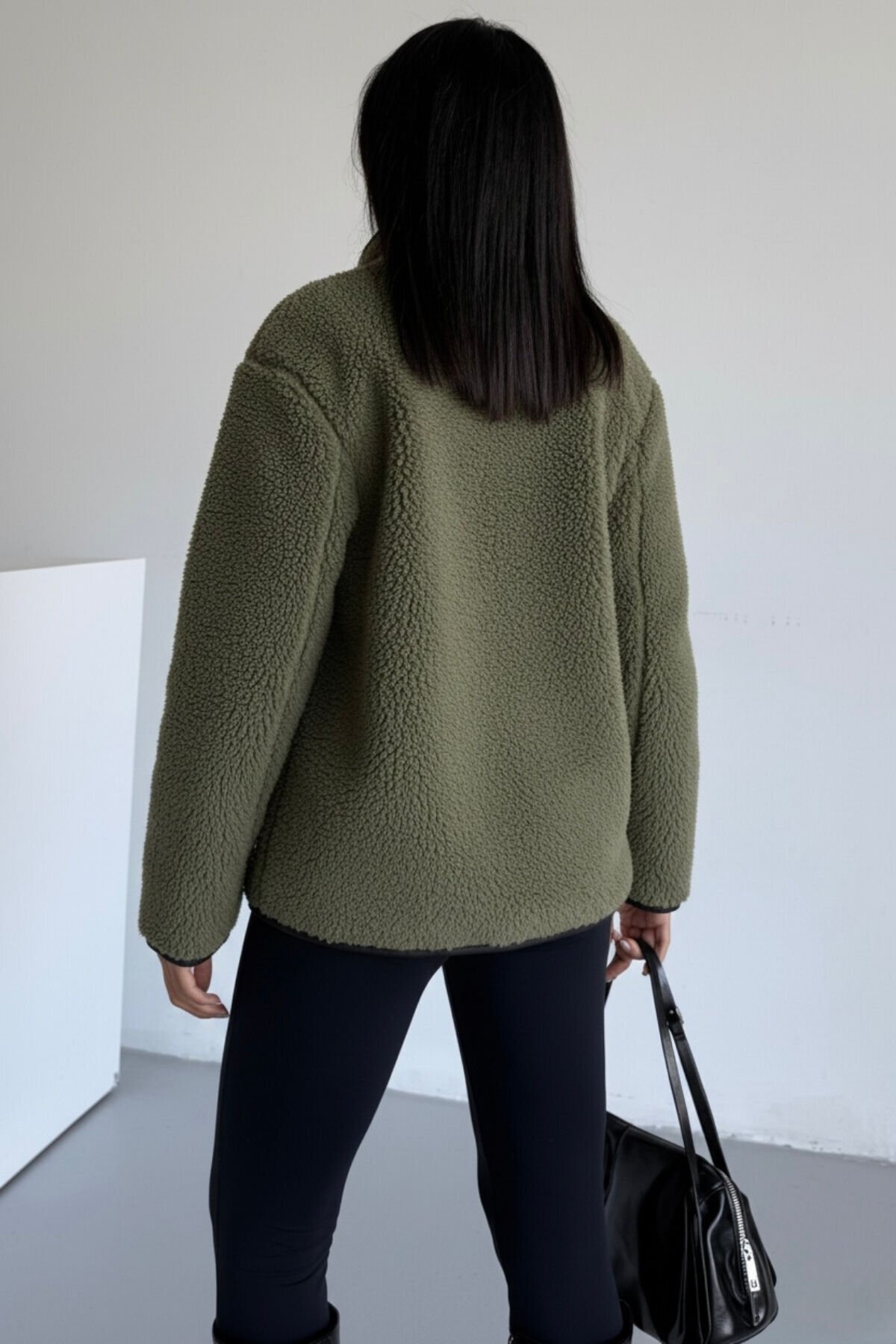 hiramir  Peluş Deri Biyeli Çoban Düğmeli Mont KS2504 - Görsel 5