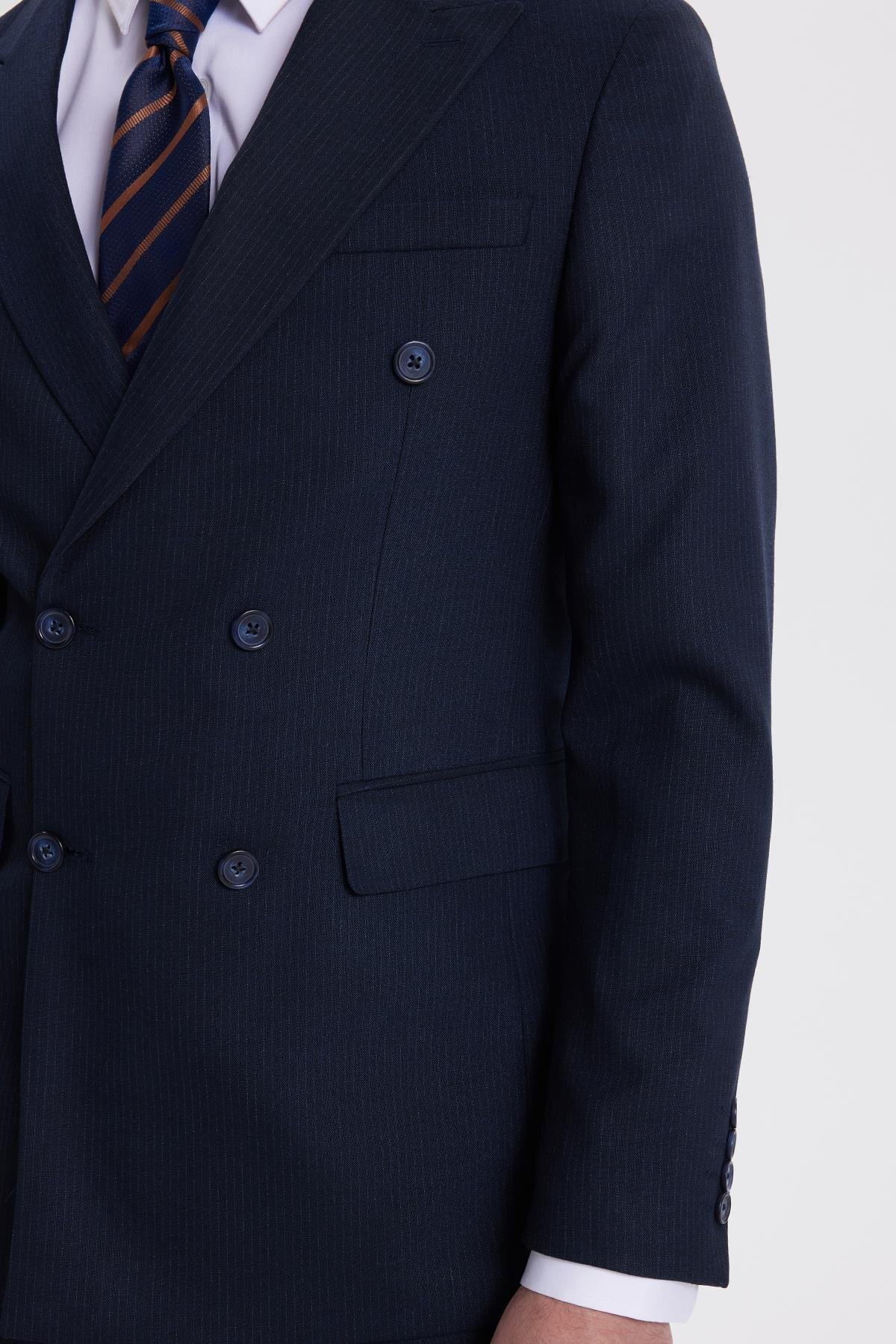 Tudors Erkek Slim Fit Sivri Yaka Çizgili Kapaklı Cepli Lacivert Takım Elbise görsel 4