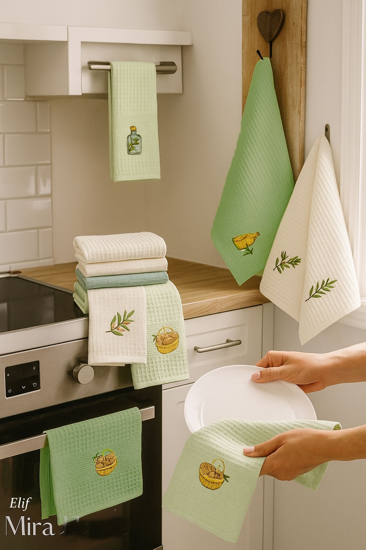 Elif Mira 6'lı Desenli Mutfak Kurulama Seti Emici Waffle Dokuma 30x50 Cm Cuisine