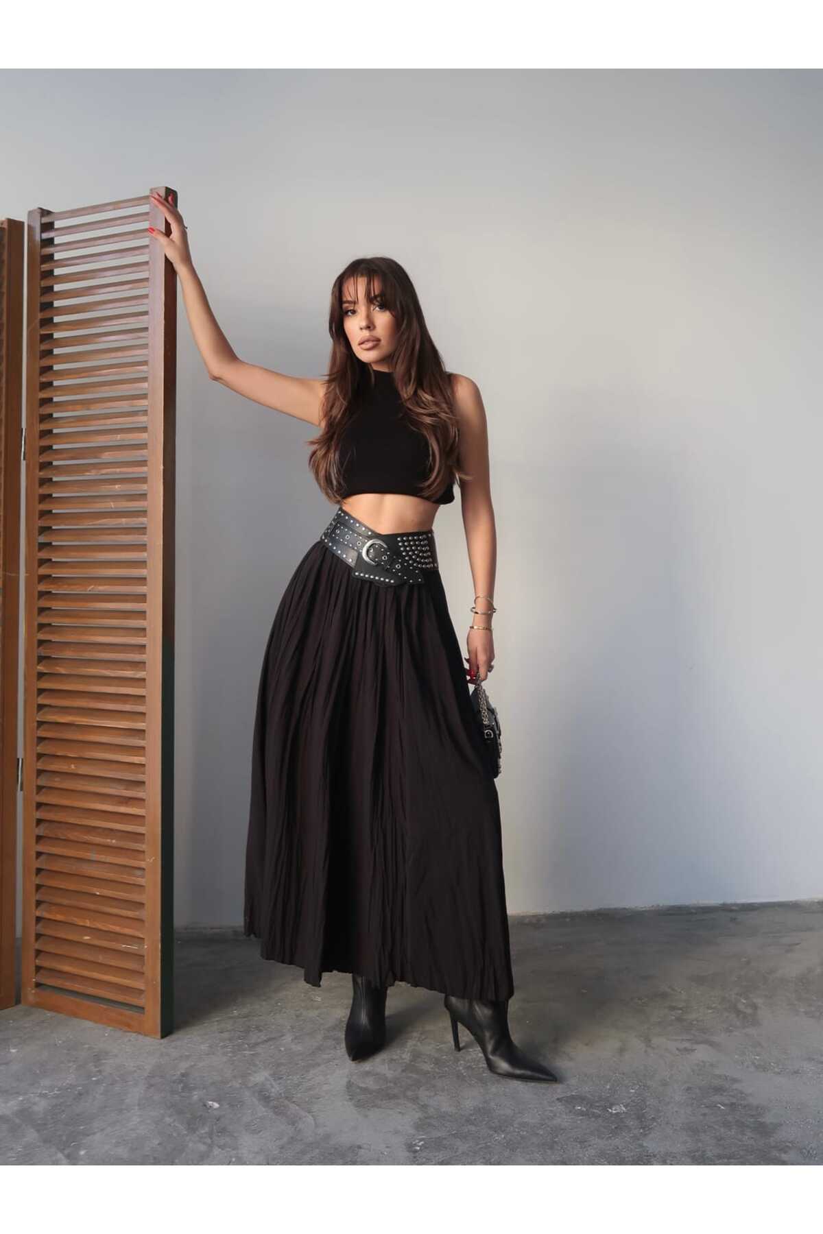 Swass  Siyah Uzun Crush Etek - Görsel 4