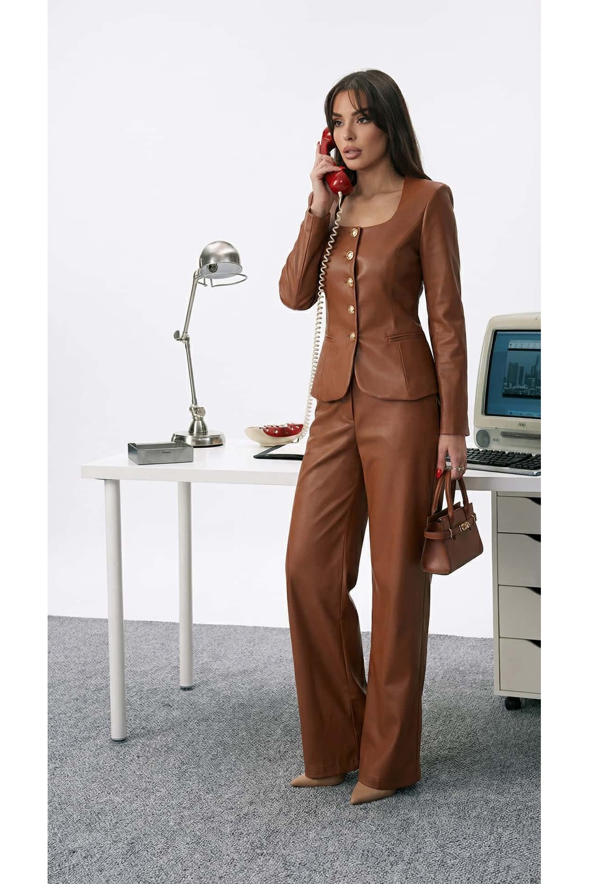 Jane Button Leather Tailored Suit Brown