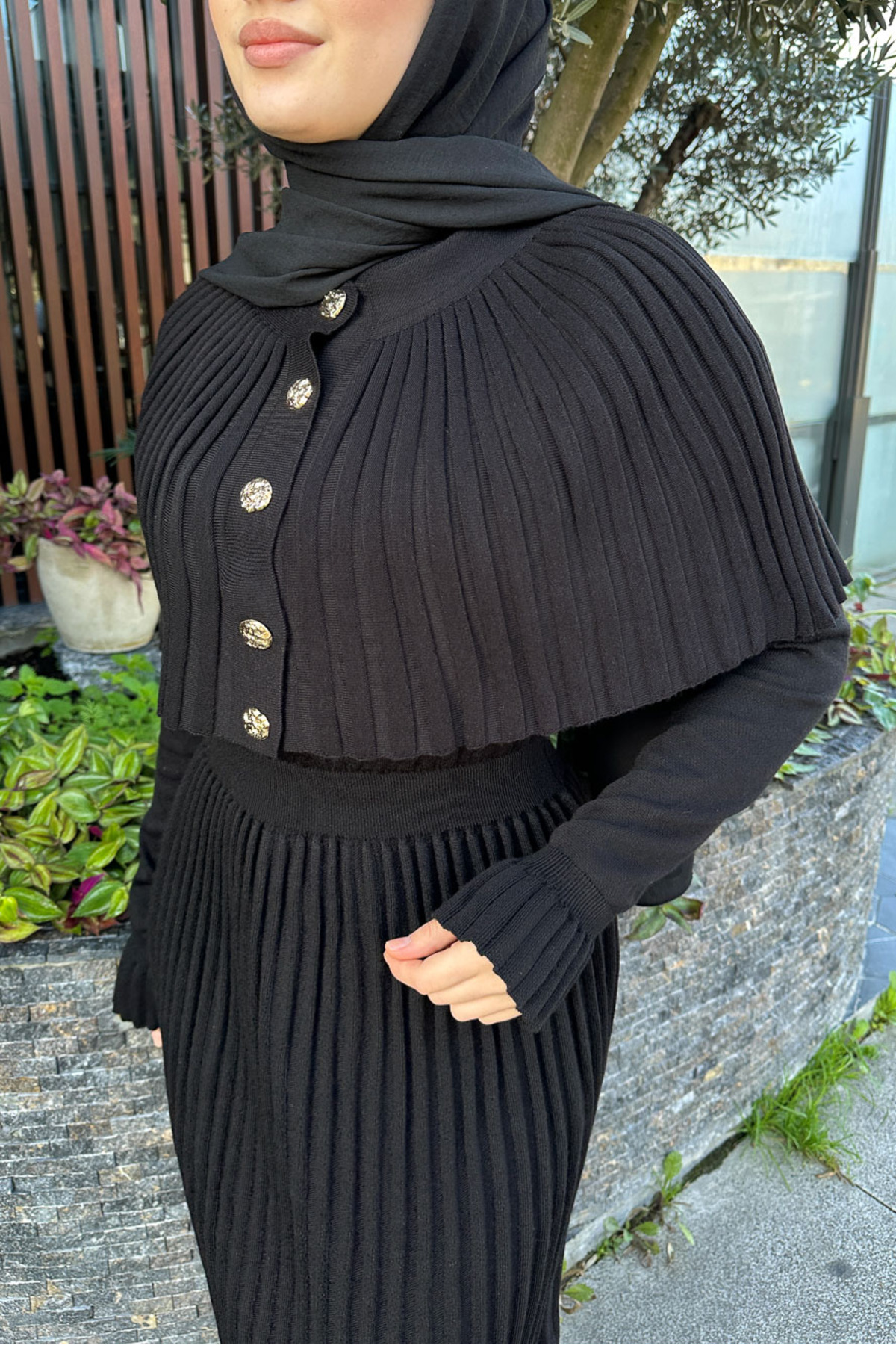 erk giyim  Pelerinli İki Parça Triko Elbise - Siyah - Görsel 3