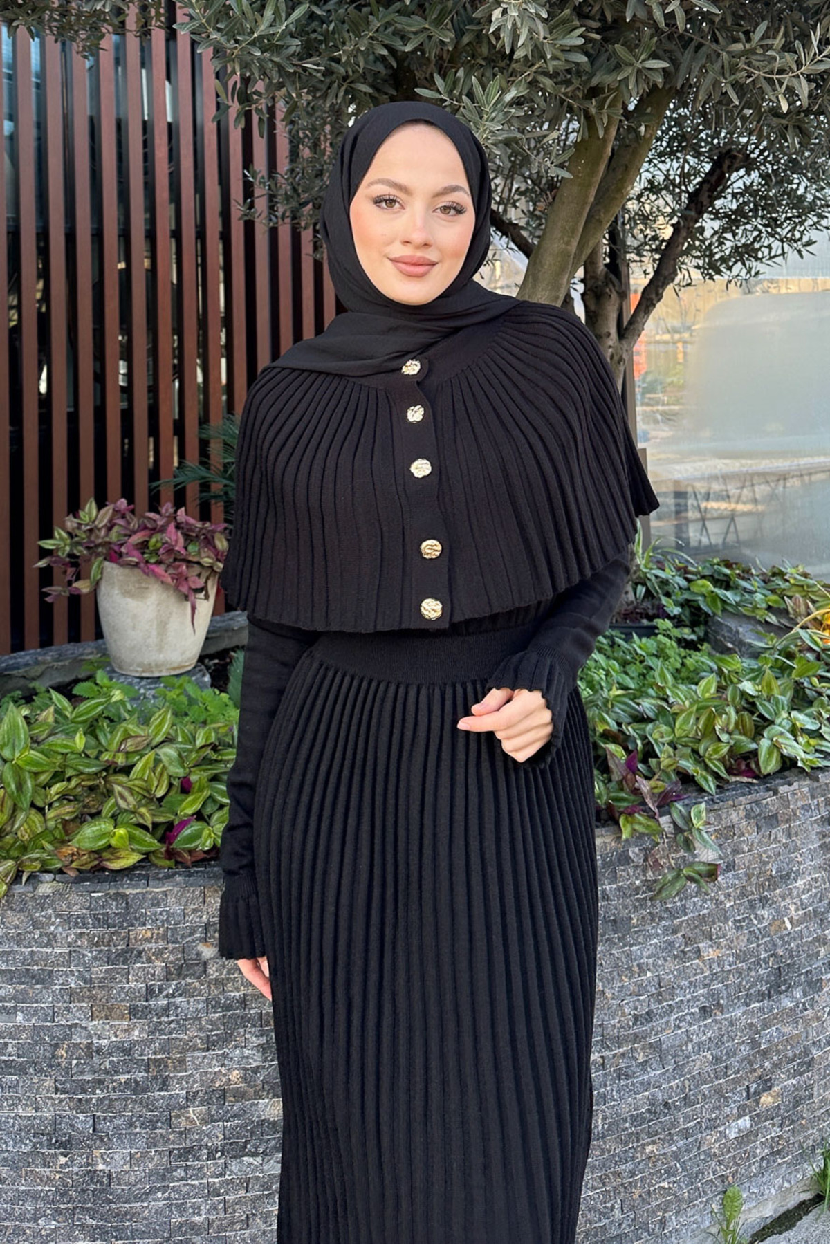 erk giyim  Pelerinli İki Parça Triko Elbise - Siyah - Görsel 7