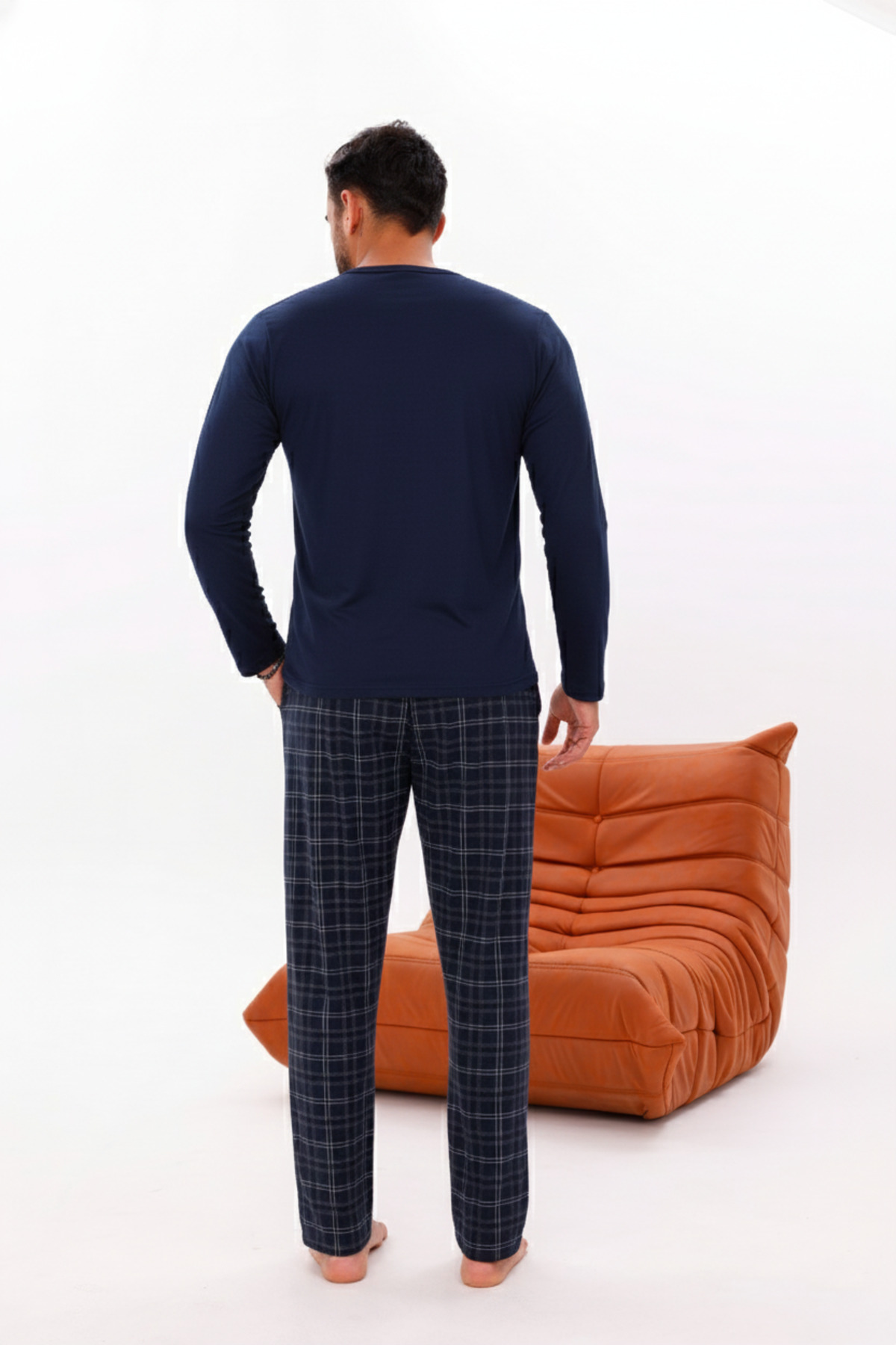 Pijamasoft  Erkek Cepli Uzun Kollu Lacivert Ekose Baskılı Pamuklu Örme Pijama Takımı - Görsel 2