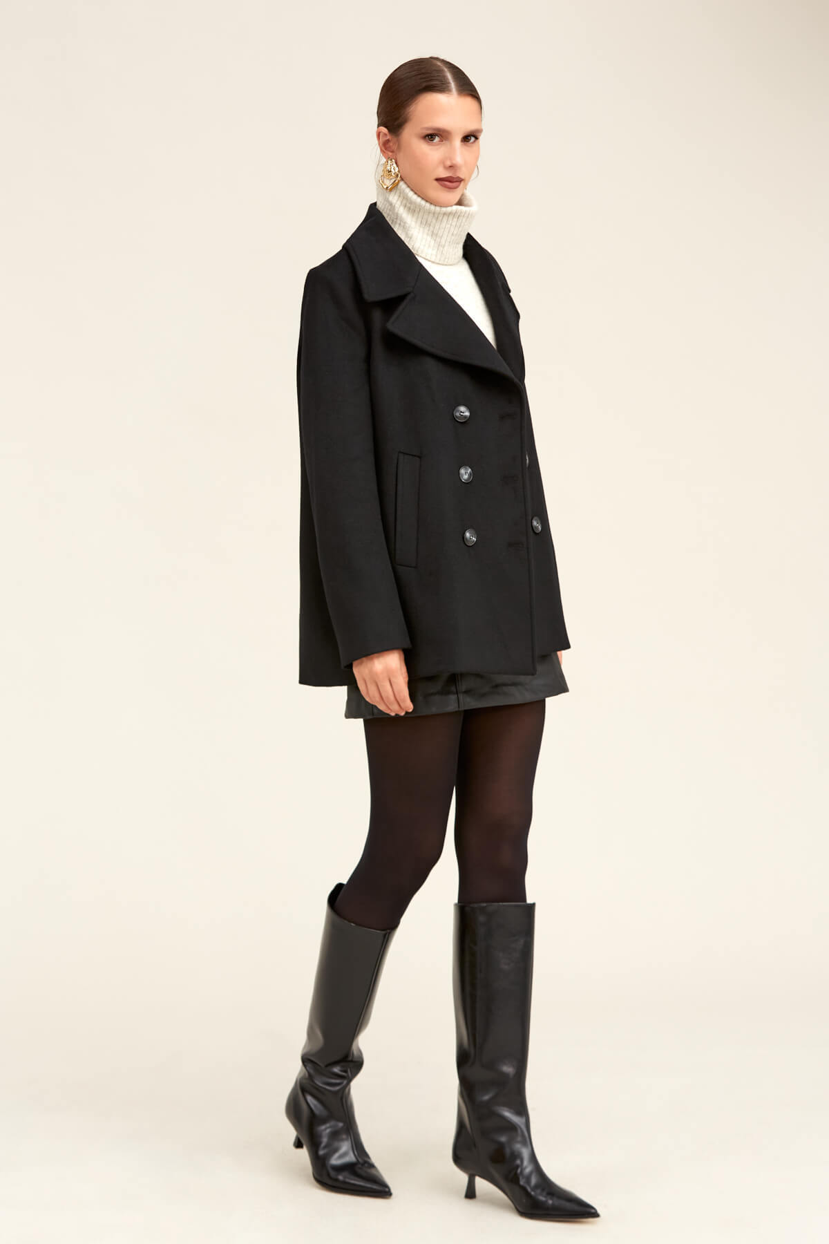 Hatemoğlu  Saykı Woman Siyah Dinamik Fit Kruvaze Kaşe Yünlü Manto - Görsel 3