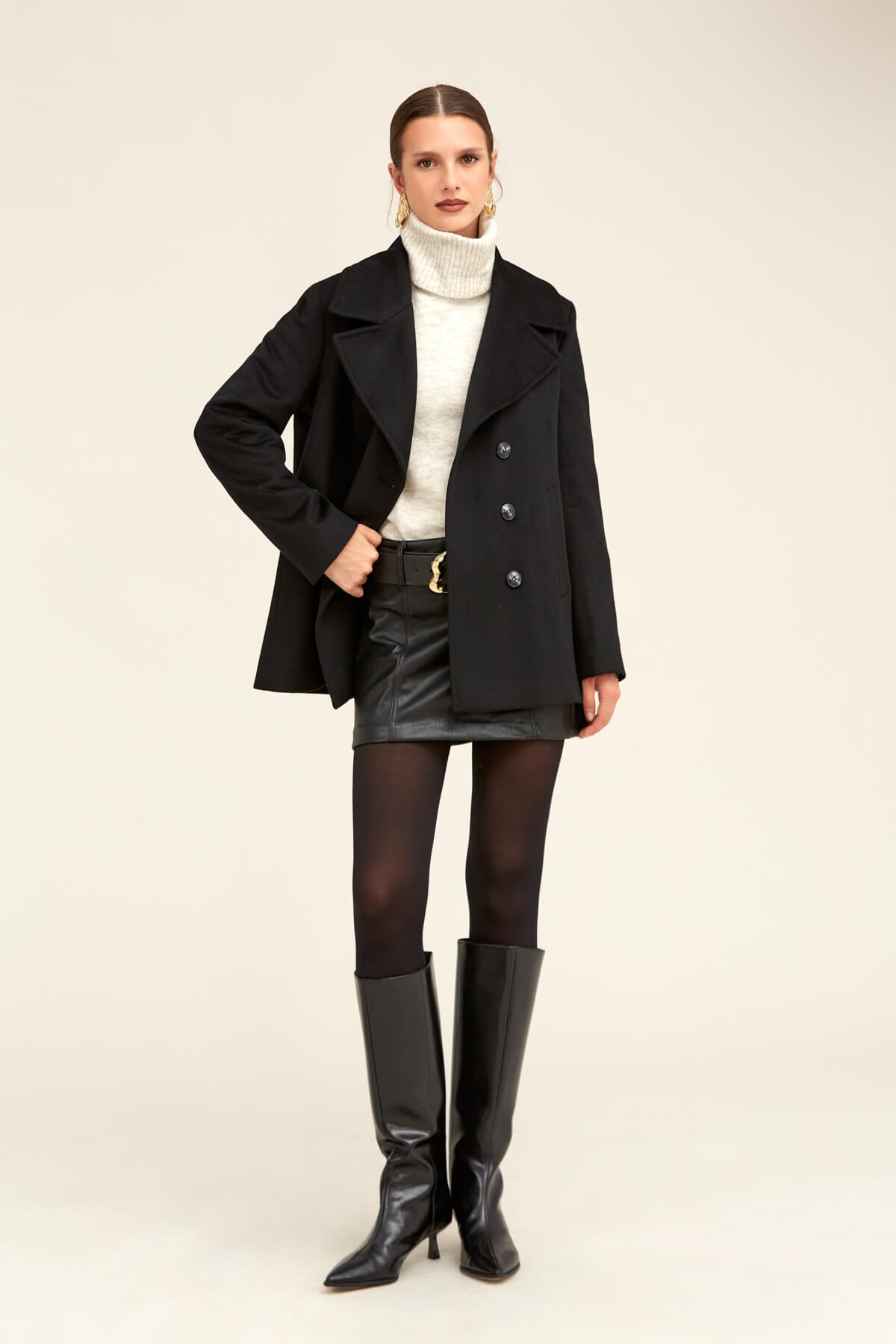 Hatemoğlu  Saykı Woman Siyah Dinamik Fit Kruvaze Kaşe Yünlü Manto - Görsel 4