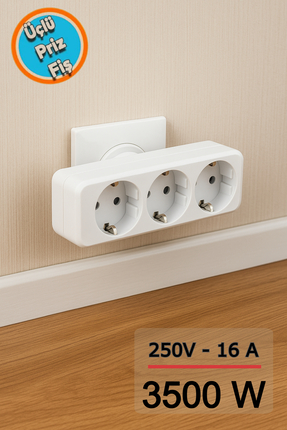 Ecuy Üçlü Golyat Düz Fiş Priz 250V 16A 3500W Güçlü Priz Çoklayıcı Üçlü Fiş Ad...