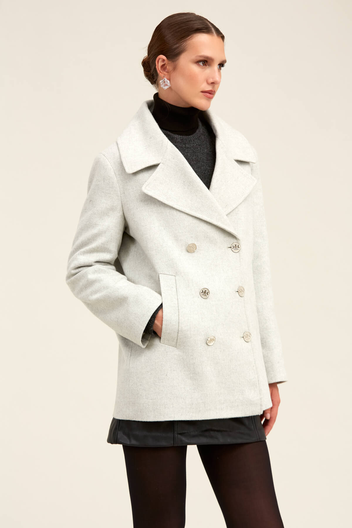 Hatemoğlu  Saykı Woman Gri Dinamik Fit Kruvaze Kaşe Mont - Görsel 4