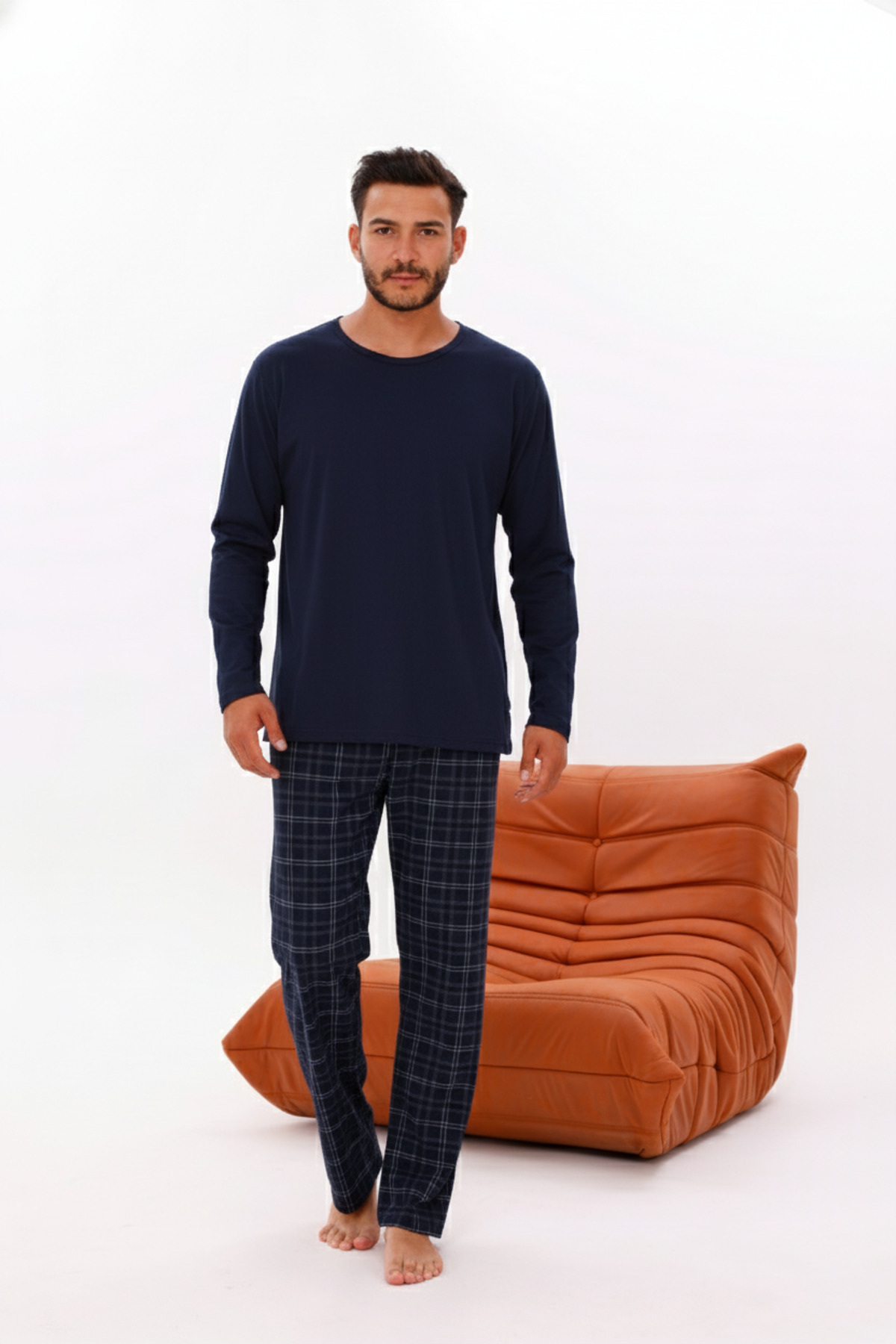 Pijamasoft  Erkek Cepli Uzun Kollu Lacivert Ekose Baskılı Pamuklu Örme Pijama Takımı - Görsel 5