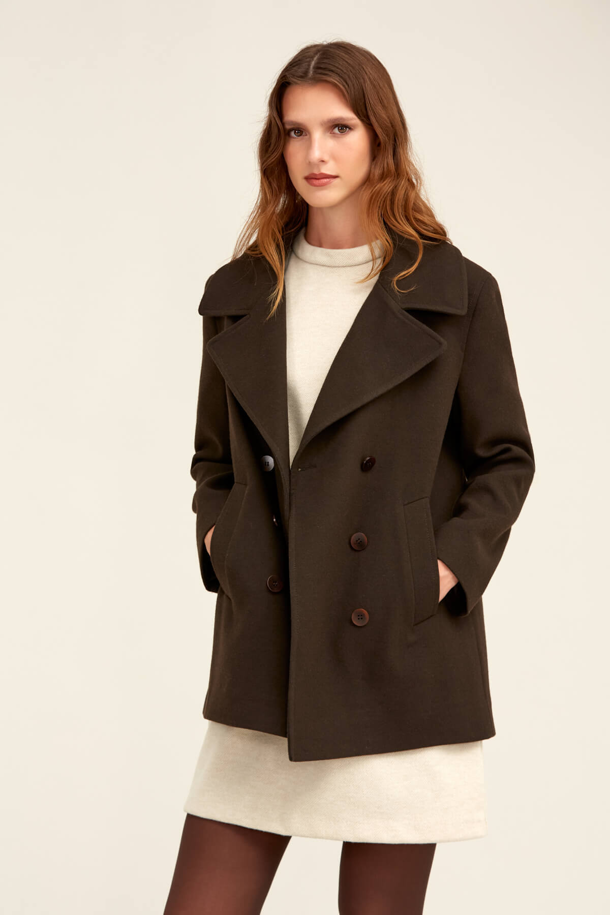 Hatemoğlu  Saykı Woman Kahverengi Dinamik Fit Kruvaze Kaşe Mont - Görsel 8