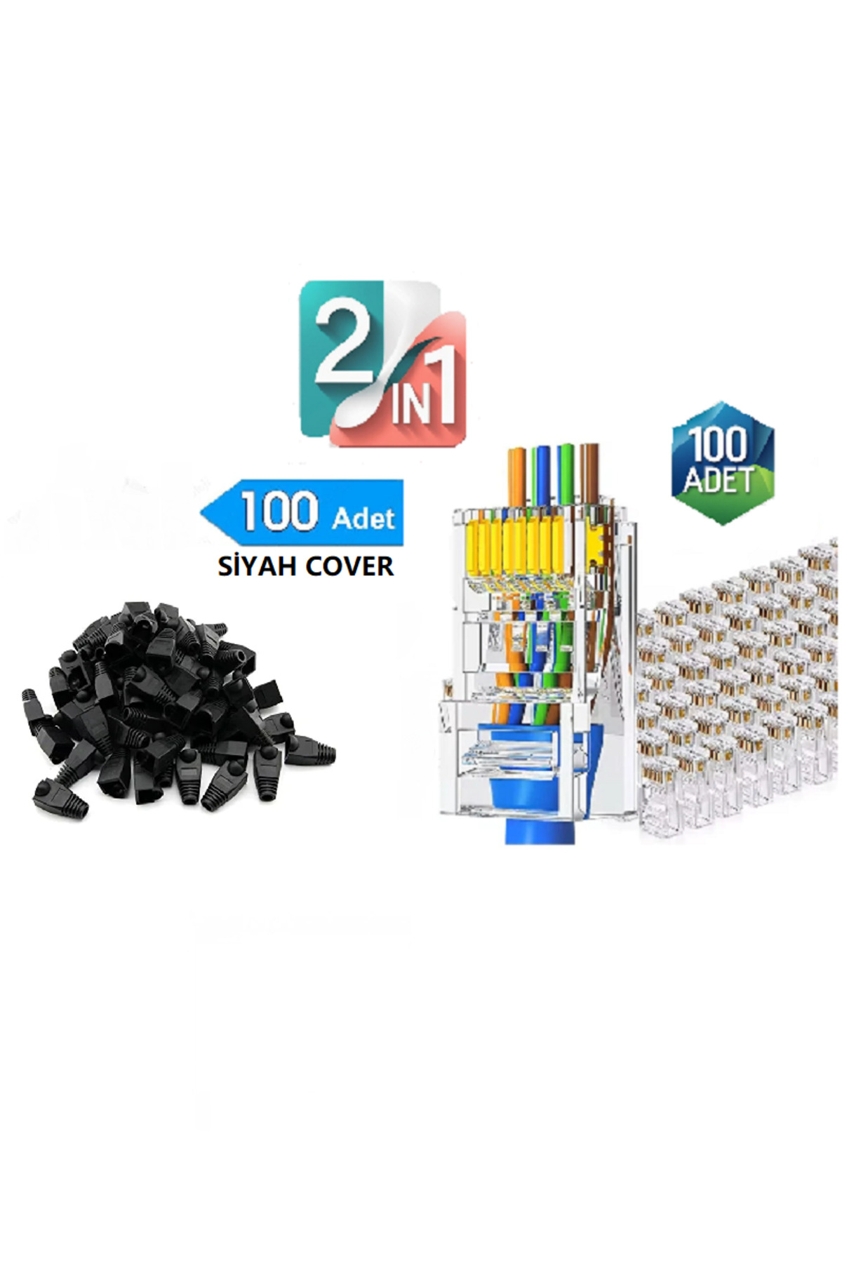 Yeni Nesil Rj45 Konnektör Delikli + Rj45 Cat6 Cat5 Koruma Kılıfı 100'lü Paket Siyah