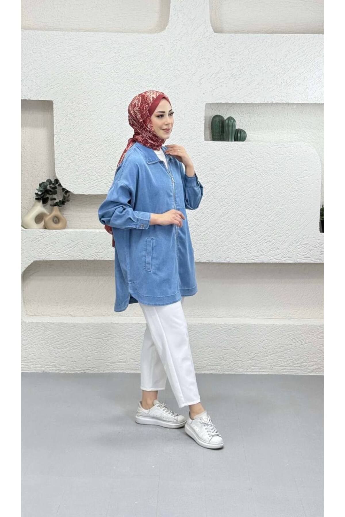 My City  5647 - Şık Rahat Fermuarlı uzun Tunik Kot Ceket - Görsel 3