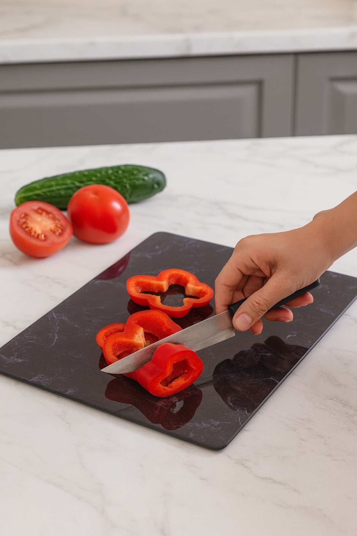 MAKRİ HOME Siyah Mermer Desenli Cam, Kesme Tahtası, 25 × 35 cm