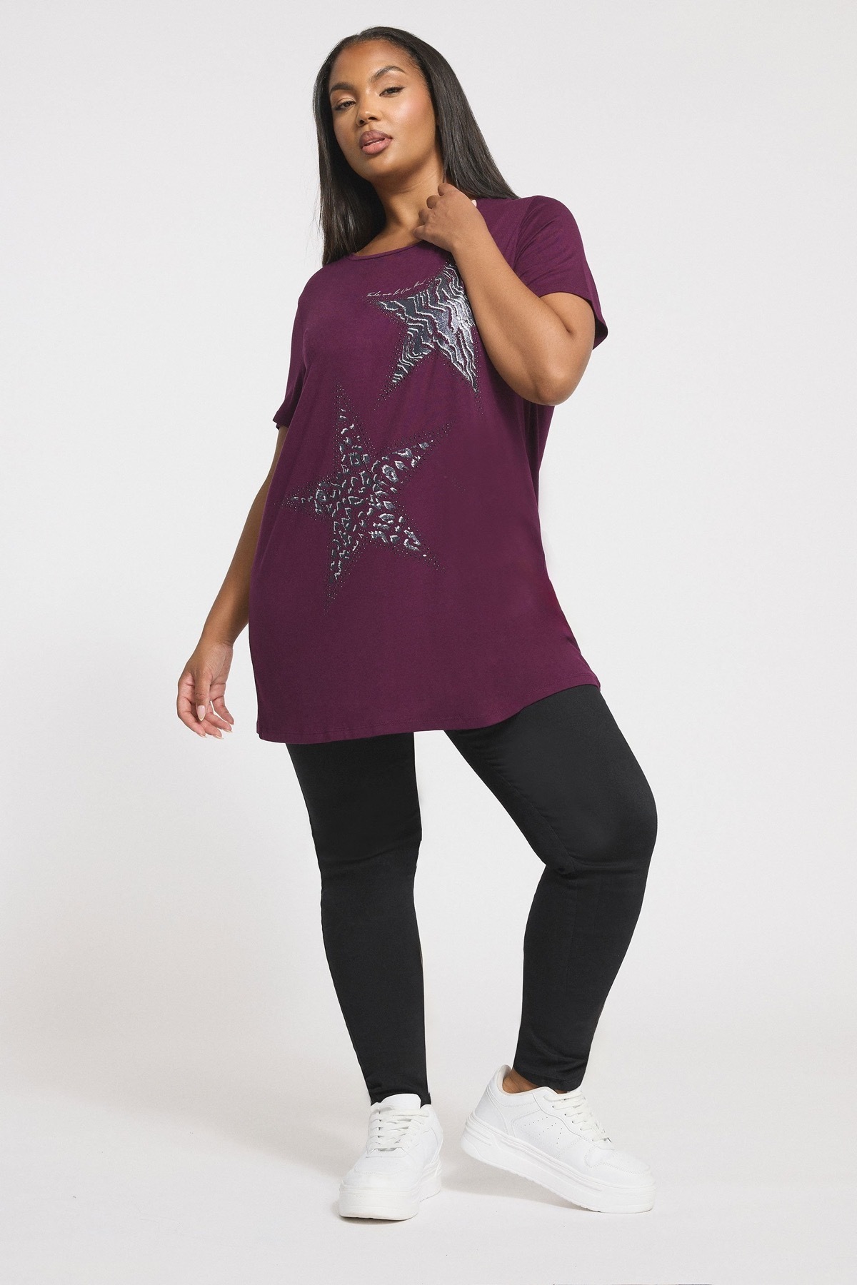 Stil Diva Büyük Beden Bisiklet Yaka Kısa Kollu Parlak Baskılı Taşlı T-shirt 322960